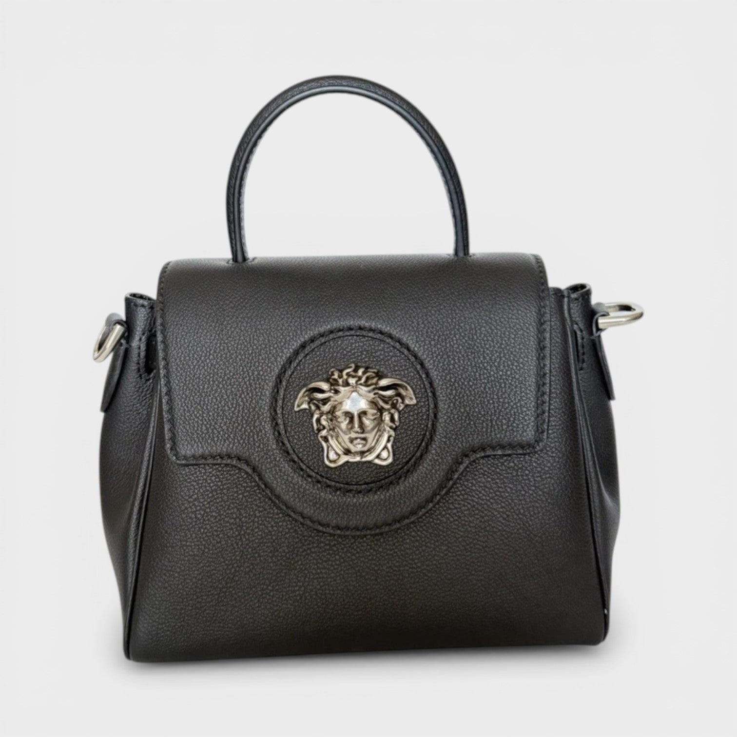 Medusa Leather Top Handle Bag Black