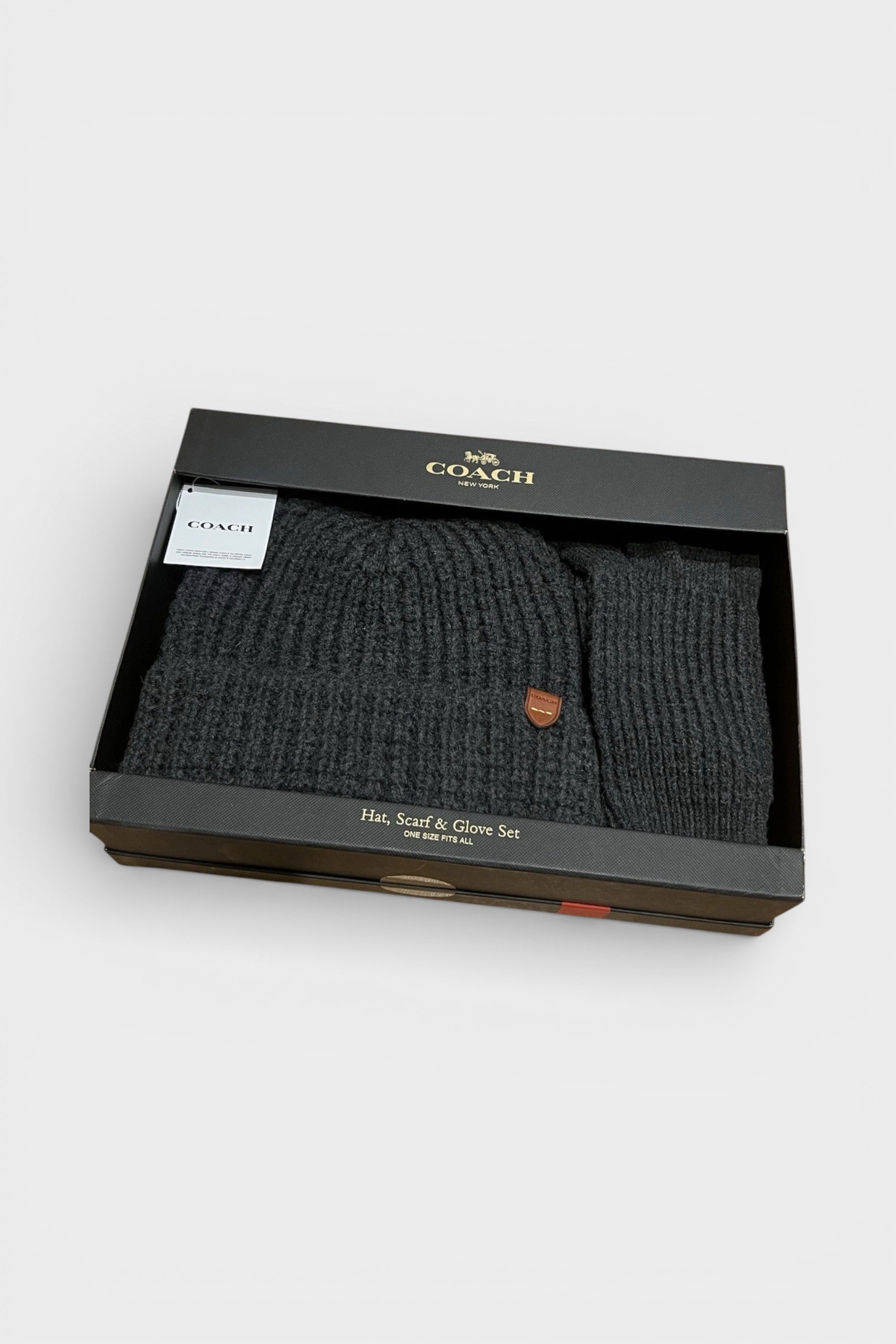 Coach Waffle Beanie Hat, Scarf & Glove Set Charcoal