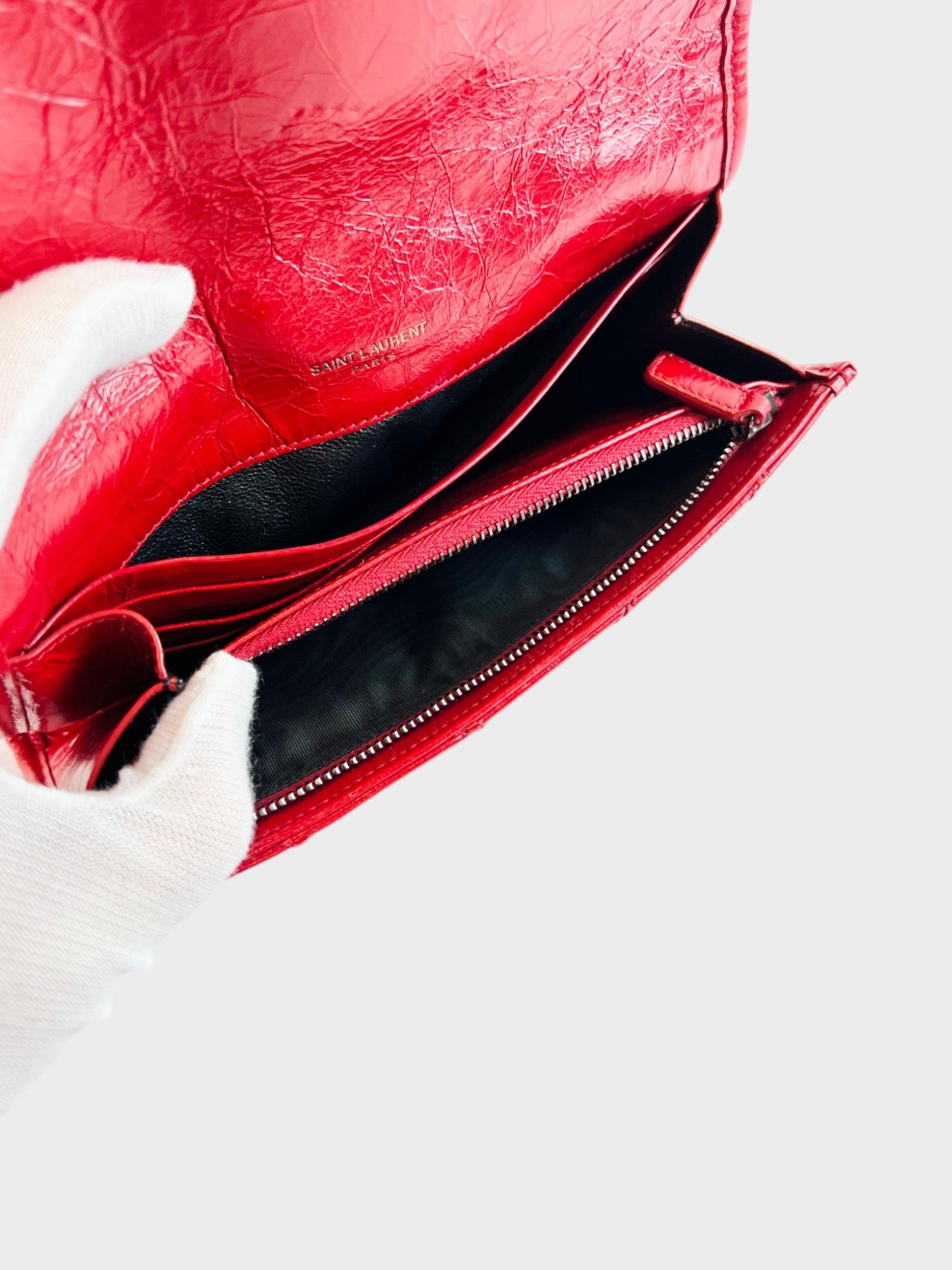 Saint Laurent Red Crinkled Calfskin Matelasse Niki Long Wallet - Supplied LuxurySaint Laurent