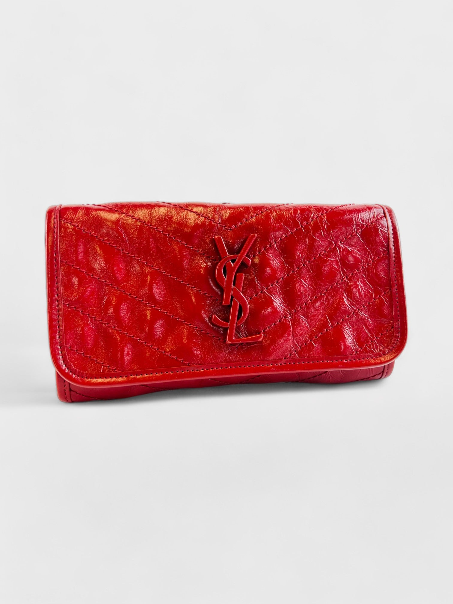 Saint Laurent Red Crinkled Calfskin Matelasse Niki Long Wallet - Supplied LuxurySaint Laurent