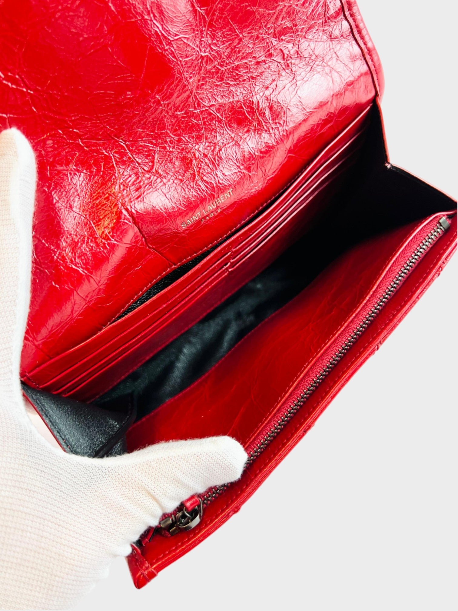 Saint Laurent Red Crinkled Calfskin Matelasse Niki Long Wallet - Supplied LuxurySaint Laurent