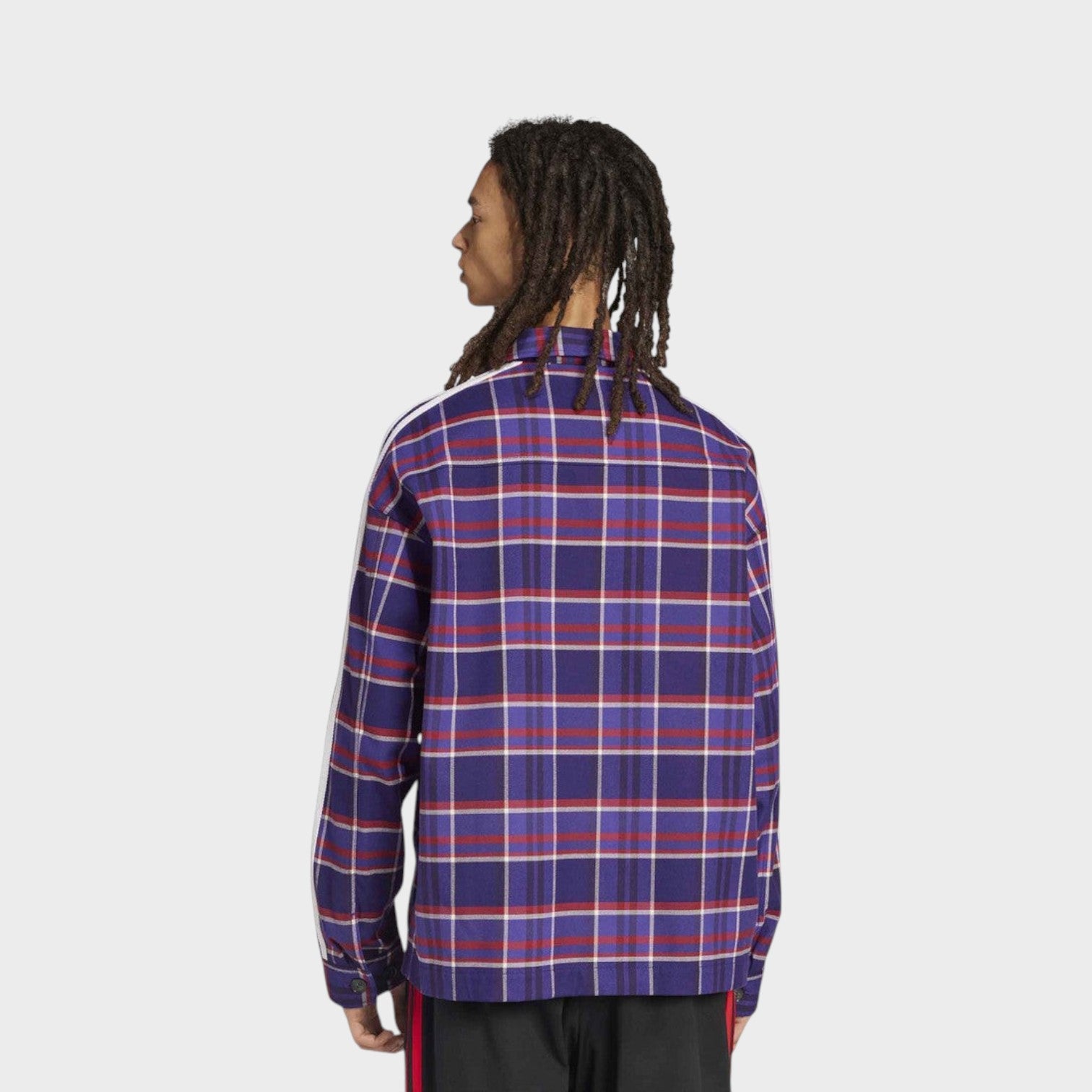 Supplied Fashion adidas Korn oversized checked overshirt in multi-blue with white sleeve stripes, back view