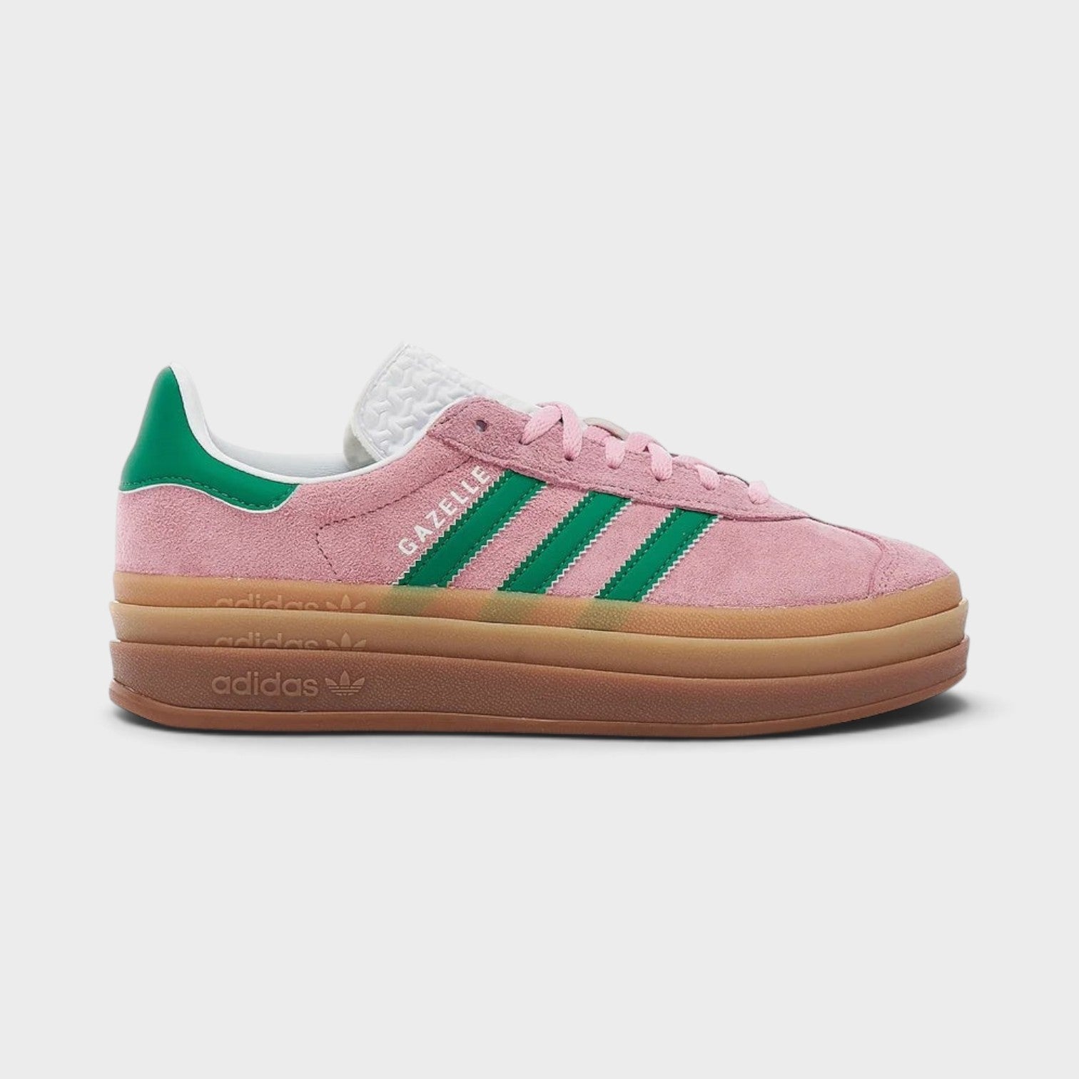 Supplied Fashion adidas Originals Gazelle Bold sneakers in true pink suede with green stripes and platform gum sole