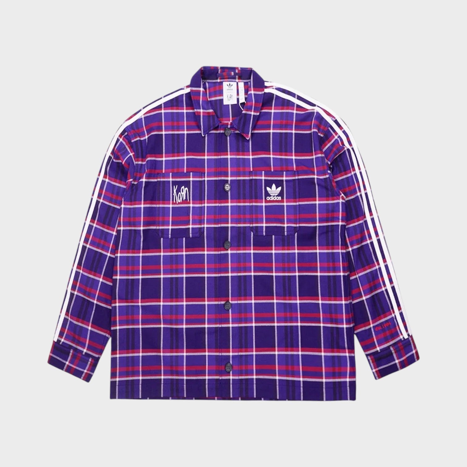 Supplied Fashion adidas Korn oversized checked overshirt in multi blue with button-front and signature three stripes.