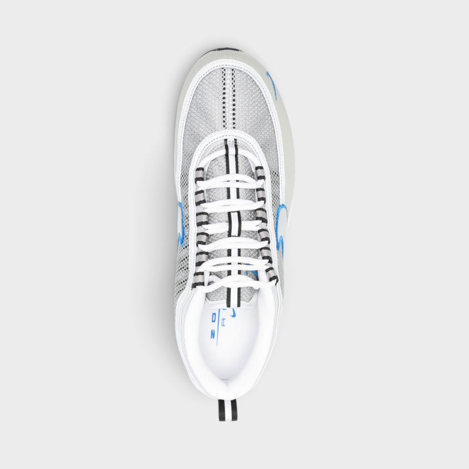 Supplied Fashion Air Zoom Spiridon SP sneaker in metallic silver and grey with blue accents and mesh upper