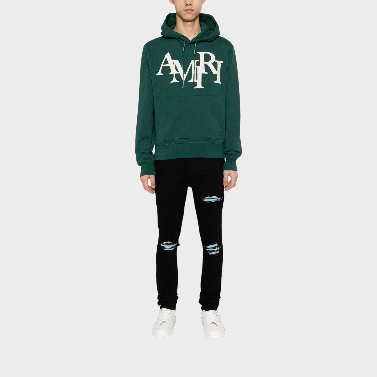 Supplied Fashion Amiri cotton-blend hoodie in rain forest green with white embroidered staggered logo and hood