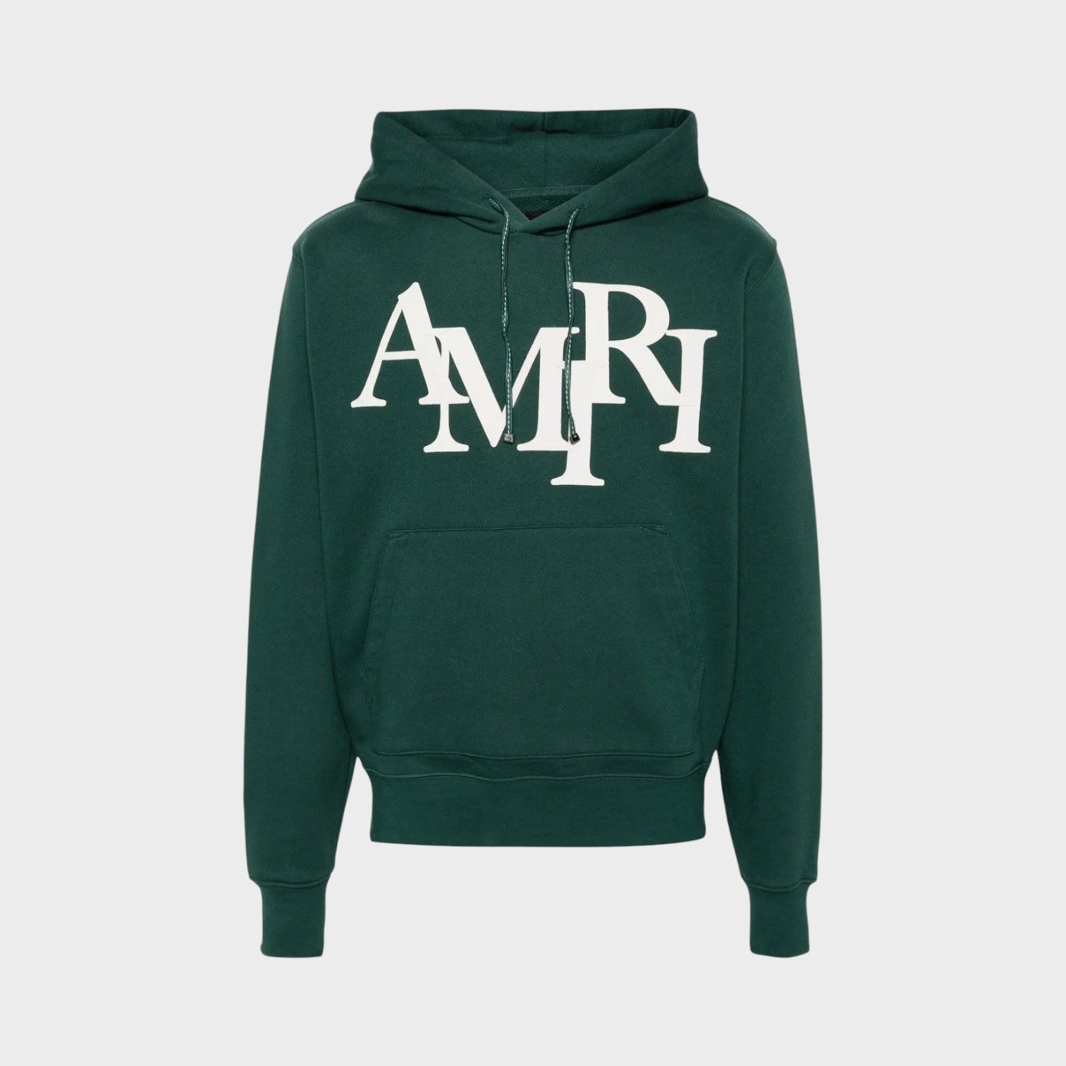 Supplied Fashion Amiri rain forest green cotton-blend hoodie with white staggered logo embroidery and front pocket