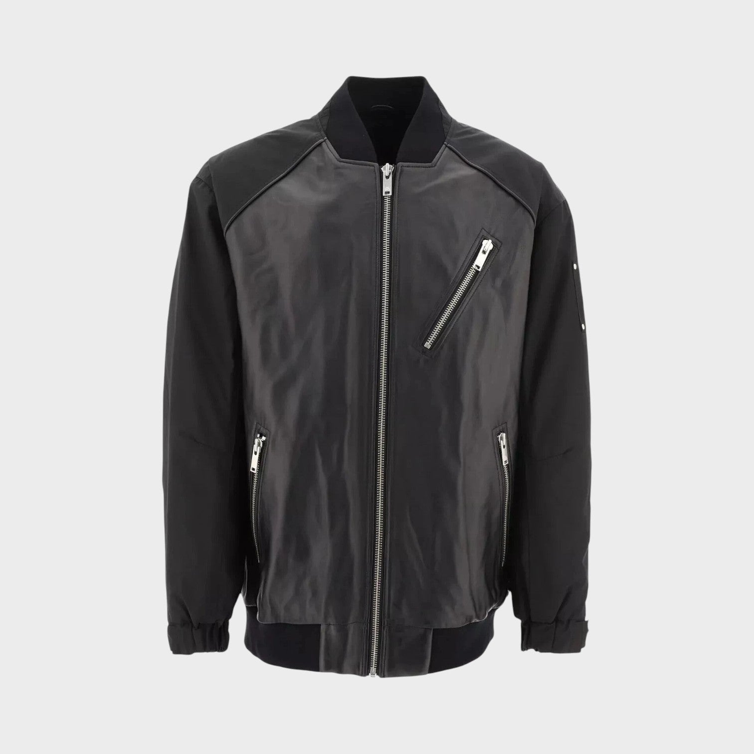 Supplied Fashion Anica black leather bomber jacket with front zip pockets and ribbed trim for a modern fit.
