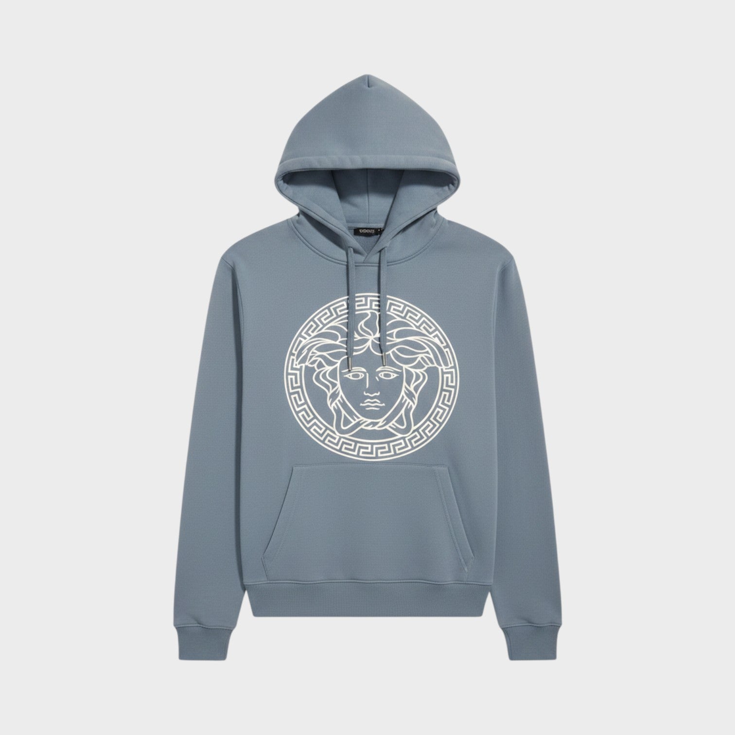 Supplied Fashion baby blue hoodie featuring a white Medusa logo graphic and front kangaroo pocket.