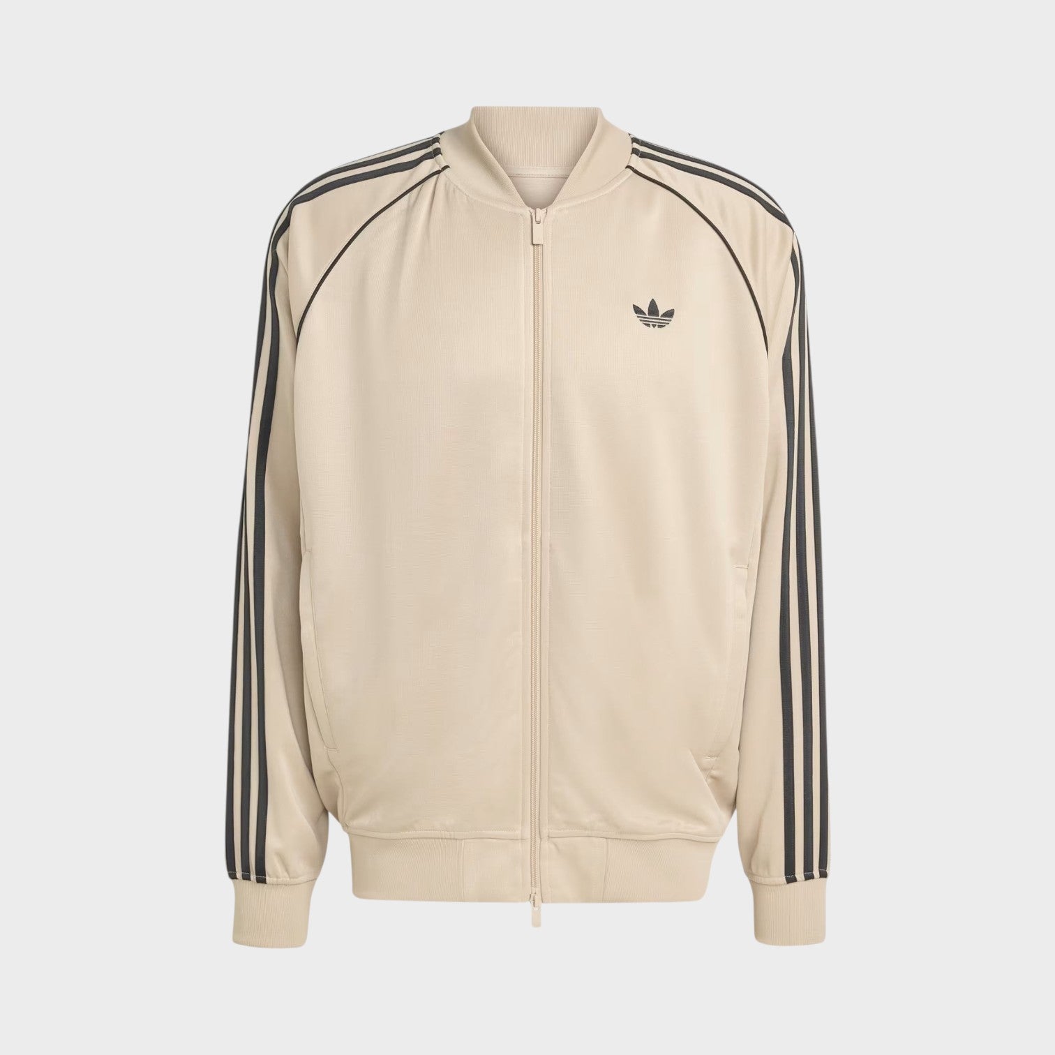 Supplied Fashion beige and black loose track top with iconic three stripes and embroidered trefoil logo