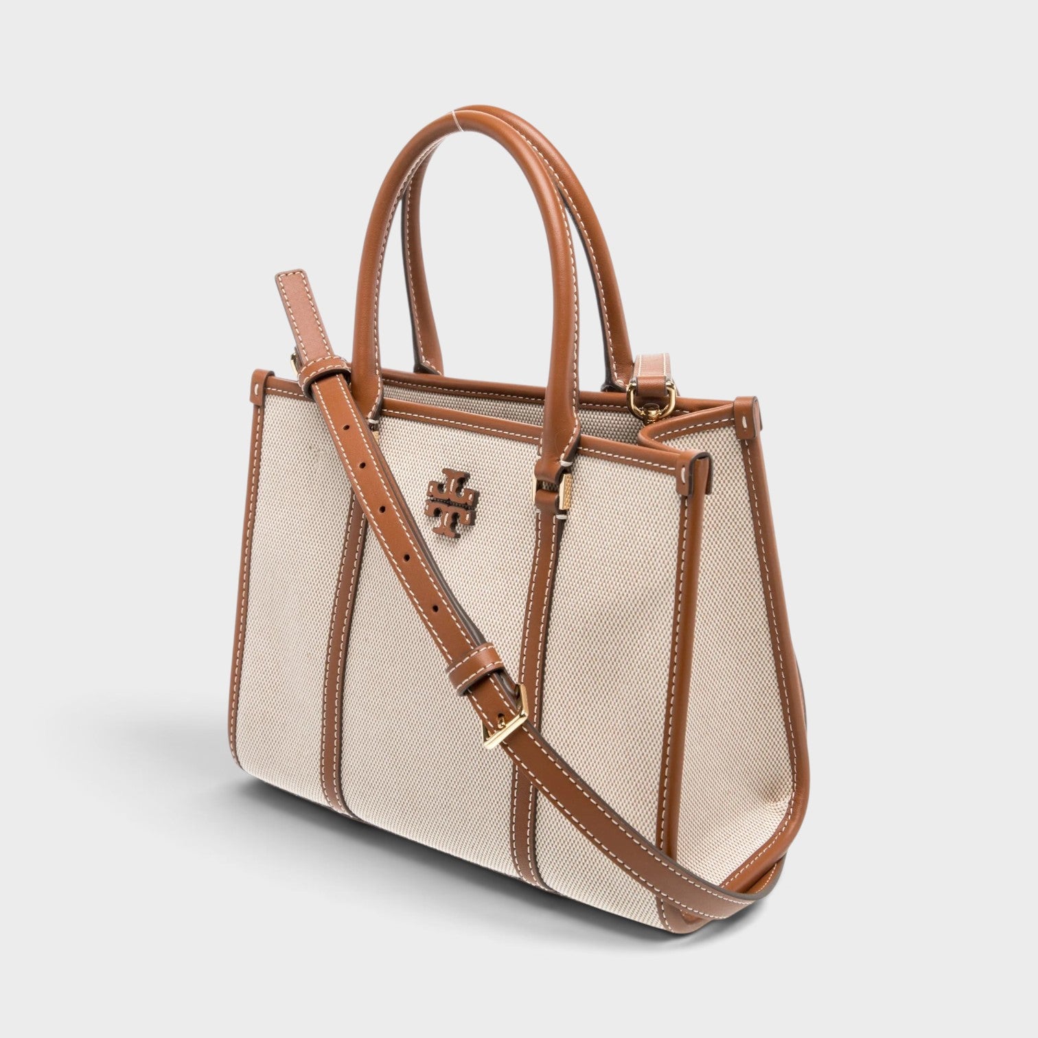 Supplied Fashion beige canvas top-handle bag with brown leather trim and detachable shoulder strap