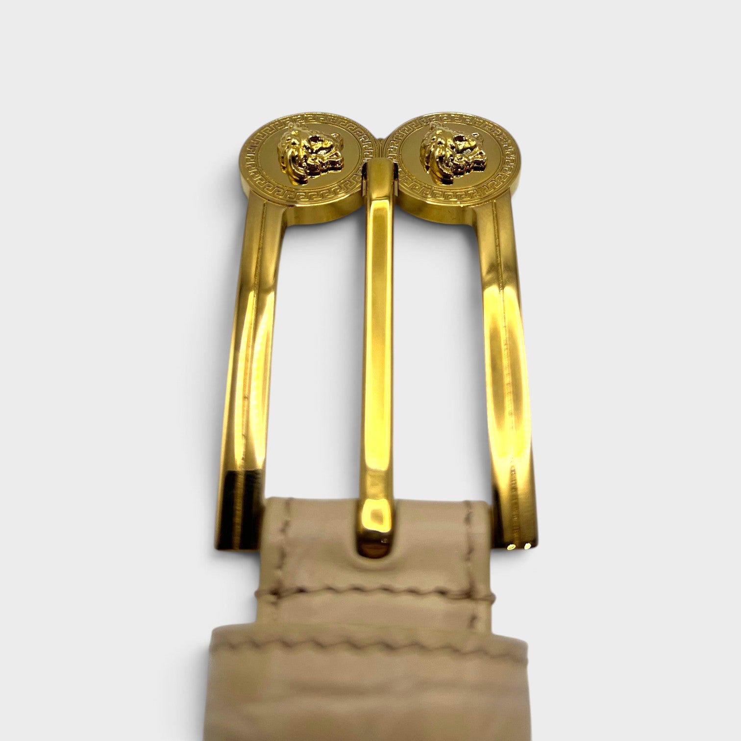 Supplied Fashion beige embossed croc leather belt with a gold-tone double Medusa head buckle