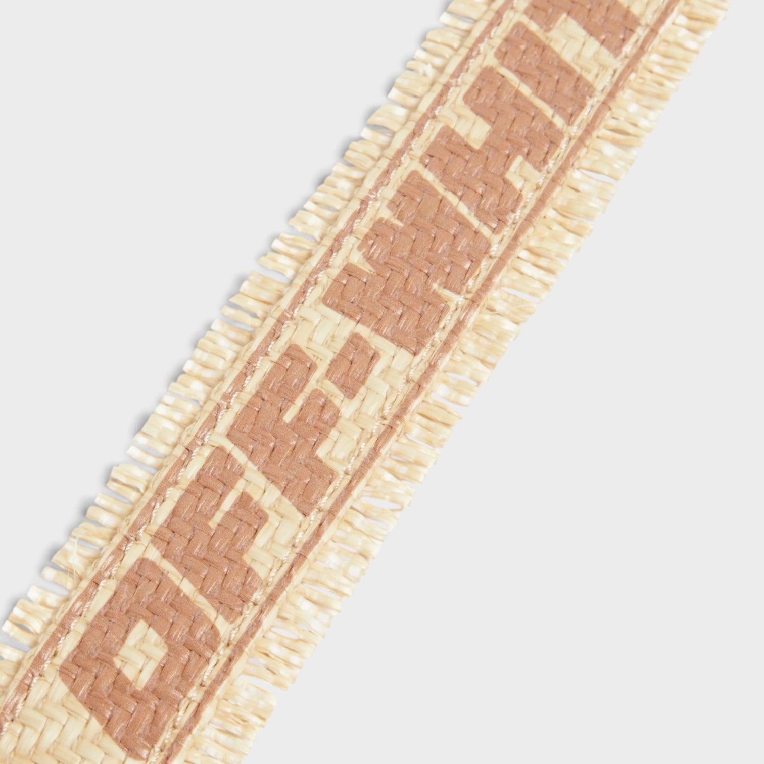 Supplied Fashion beige faux raffia belt with a woven logo print and frayed edges for a textured casual look.