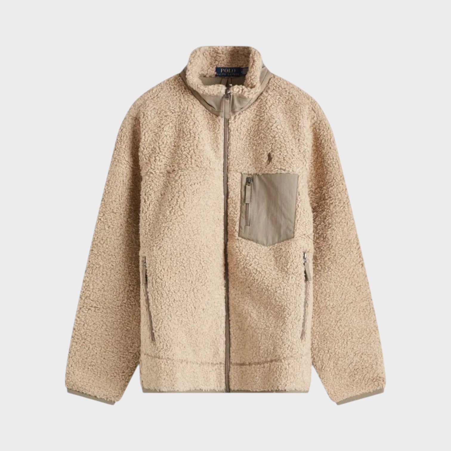 Supplied Fashion beige heather fleece zip jacket with a chest pocket and high collar for warmth.