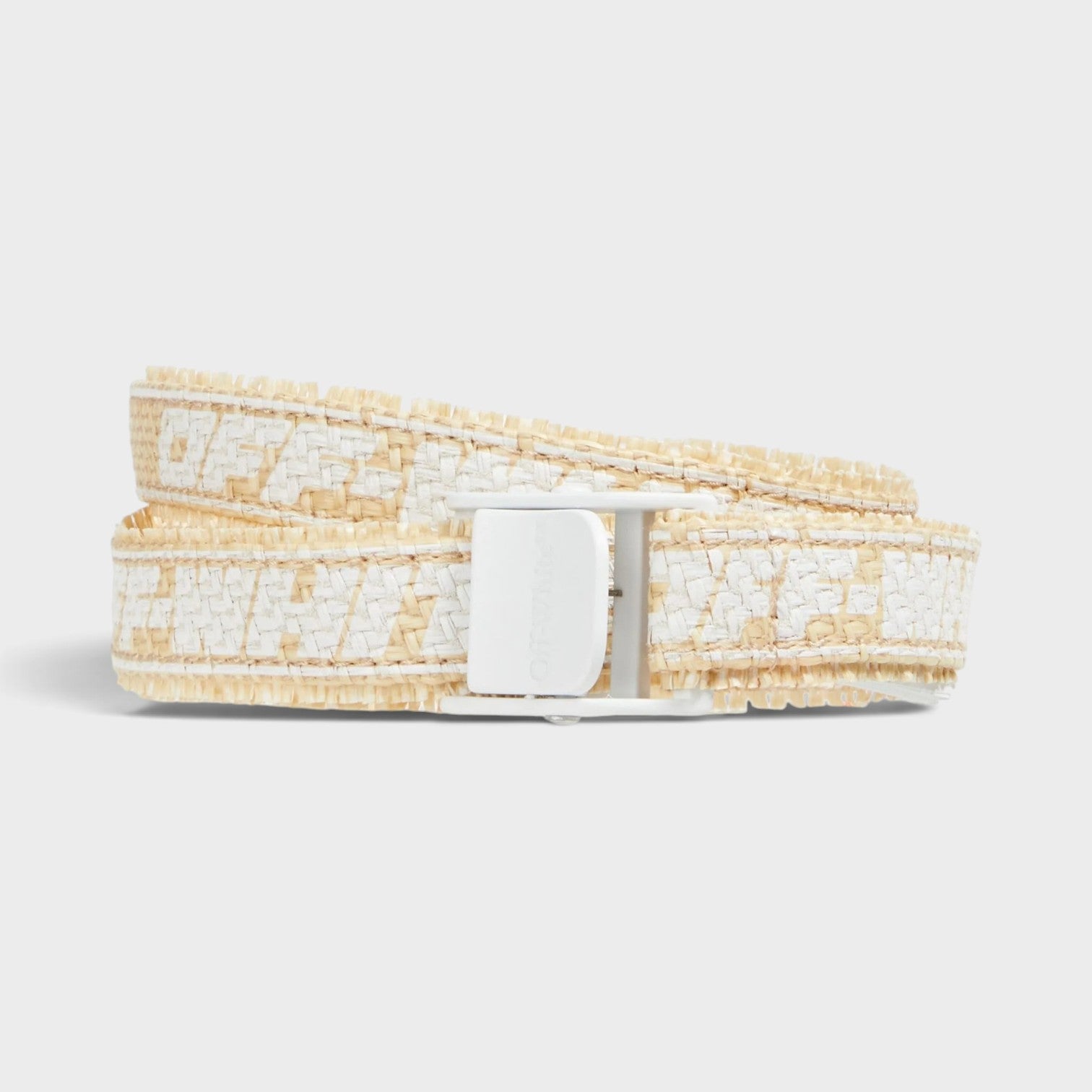 Supplied Fashion beige raffia belt with white industrial-inspired printed text and a matching white buckle.