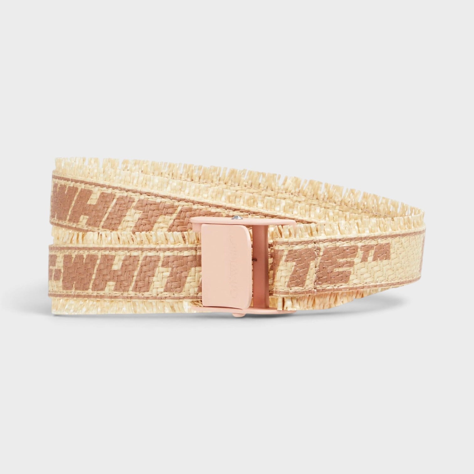 Supplied Fashion beige faux raffia belt with brown logo print and a light pink metal buckle