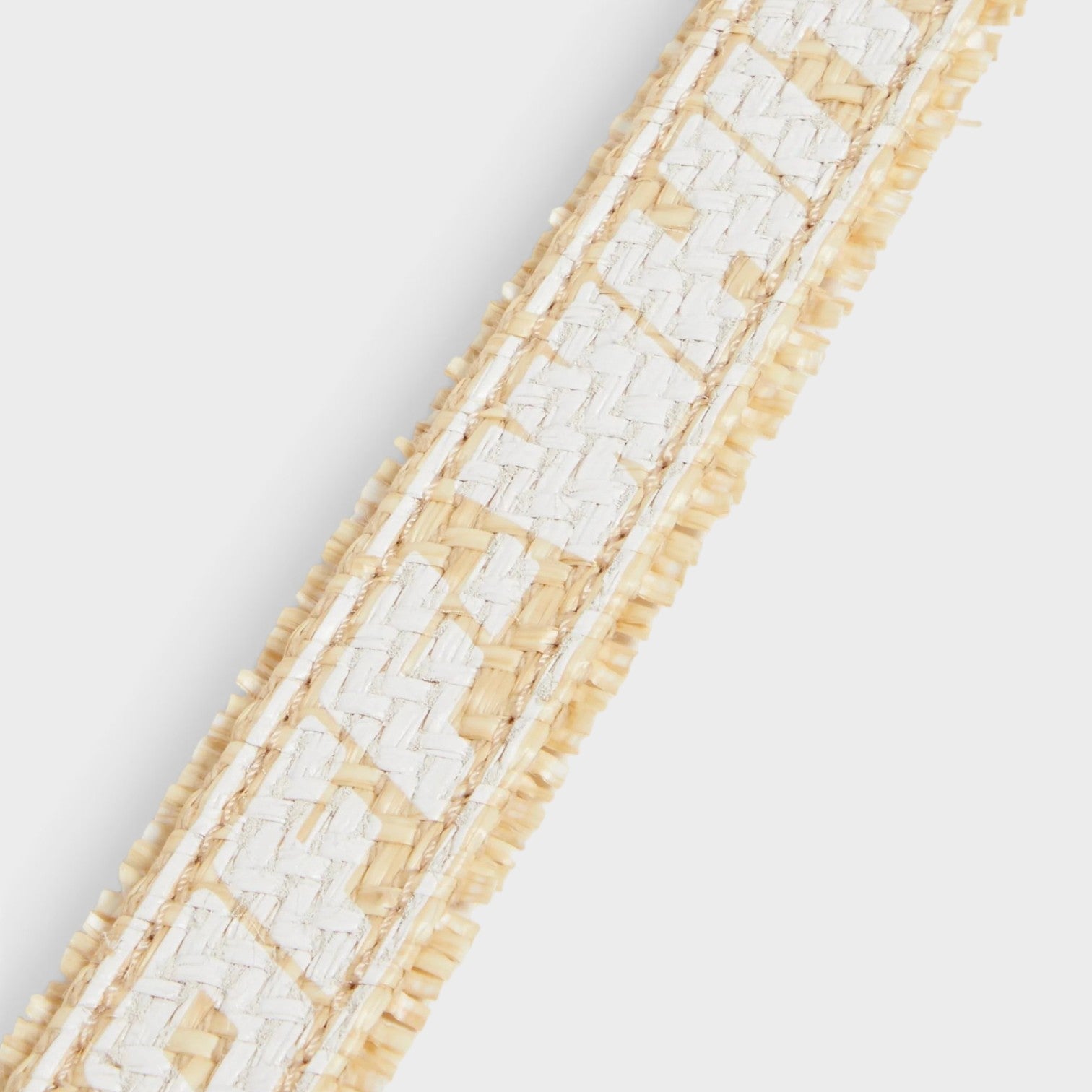 Supplied Fashion beige raffia belt with white industrial-inspired printed text and textured woven finish.
