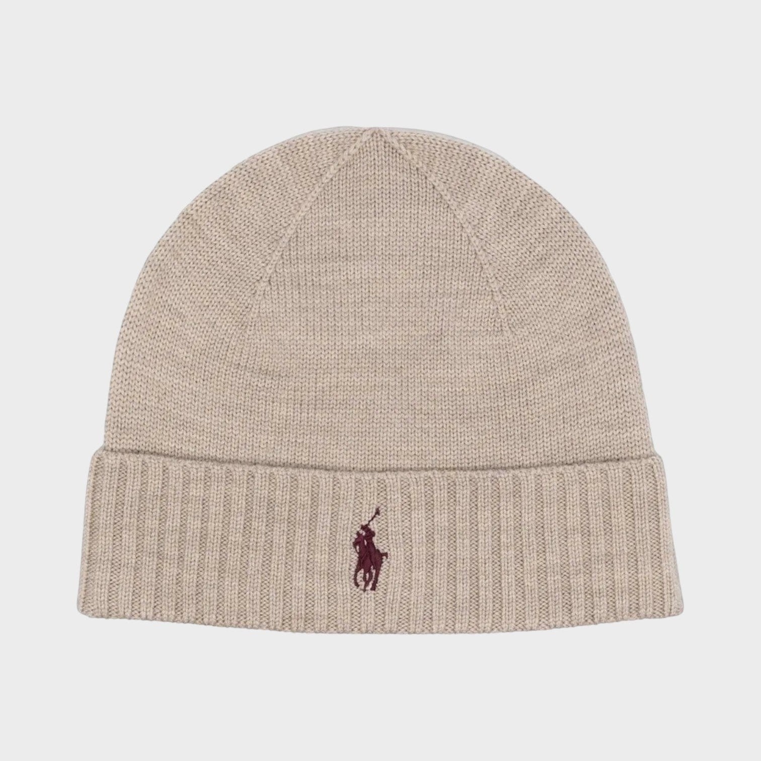 Supplied Fashion natural beige wool beanie with a dark embroidered logo on the ribbed cuff