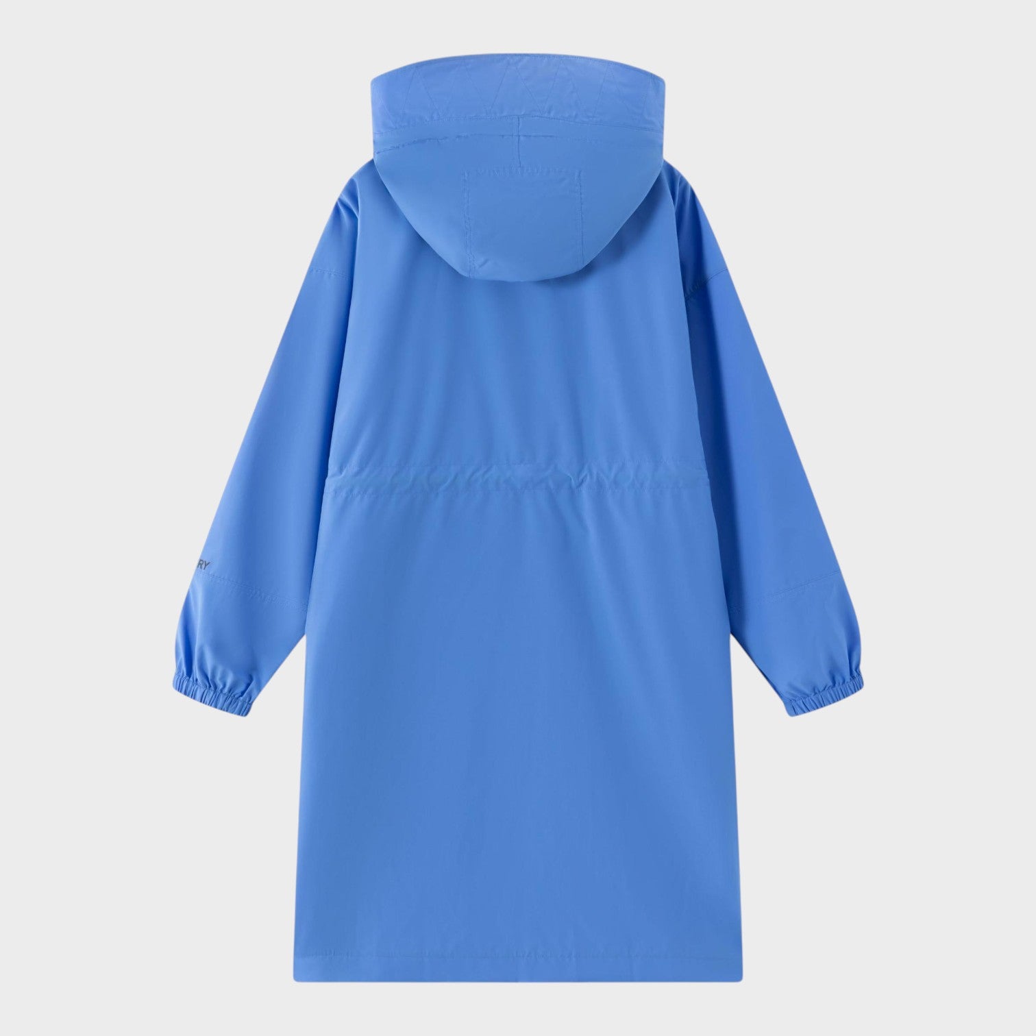 Supplied Fashion Birley long blue hooded jacket with a drawstring waist and elasticated cuffs, back view.