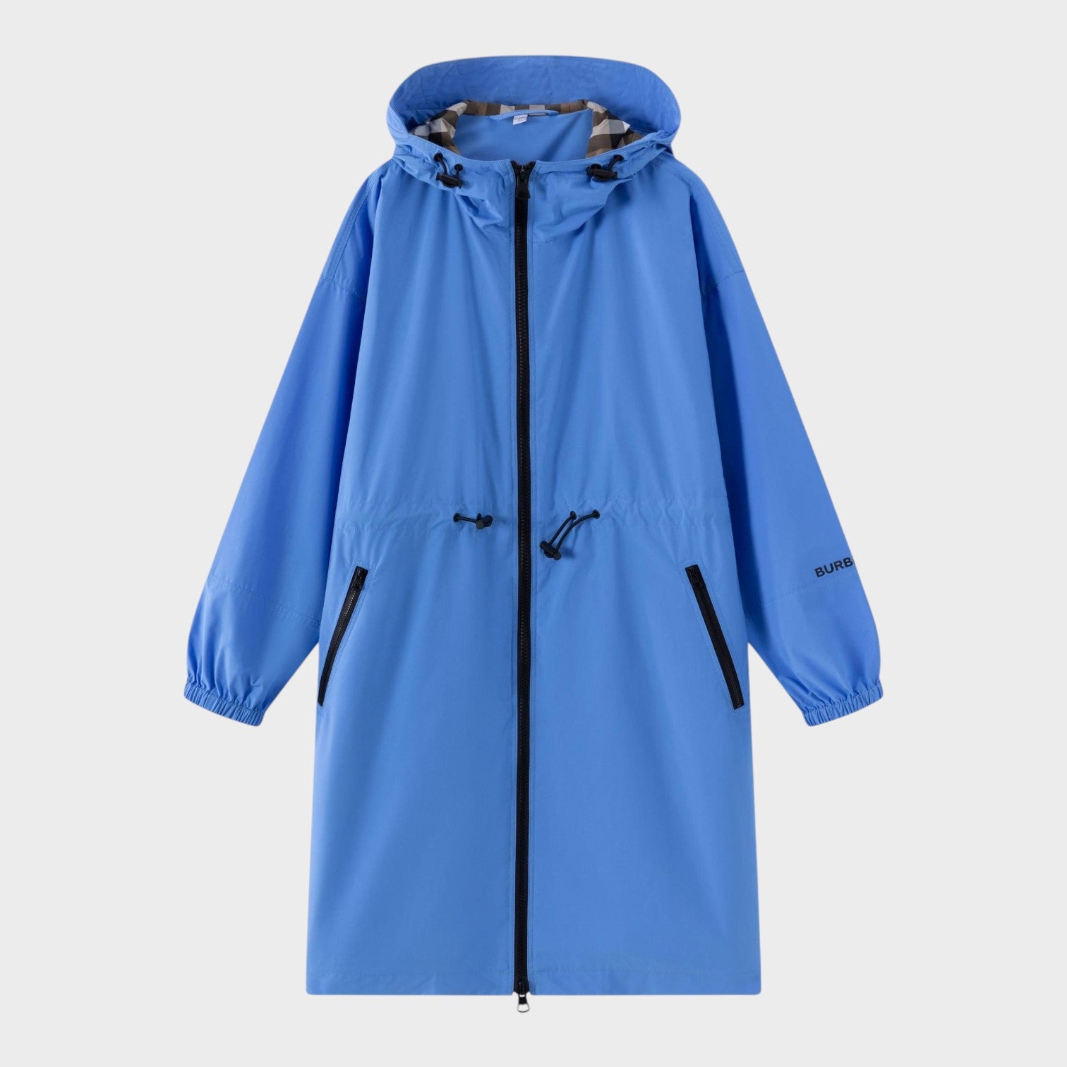 Supplied Fashion Birley long blue hooded jacket with black zip, drawstring waist, and signature check lining