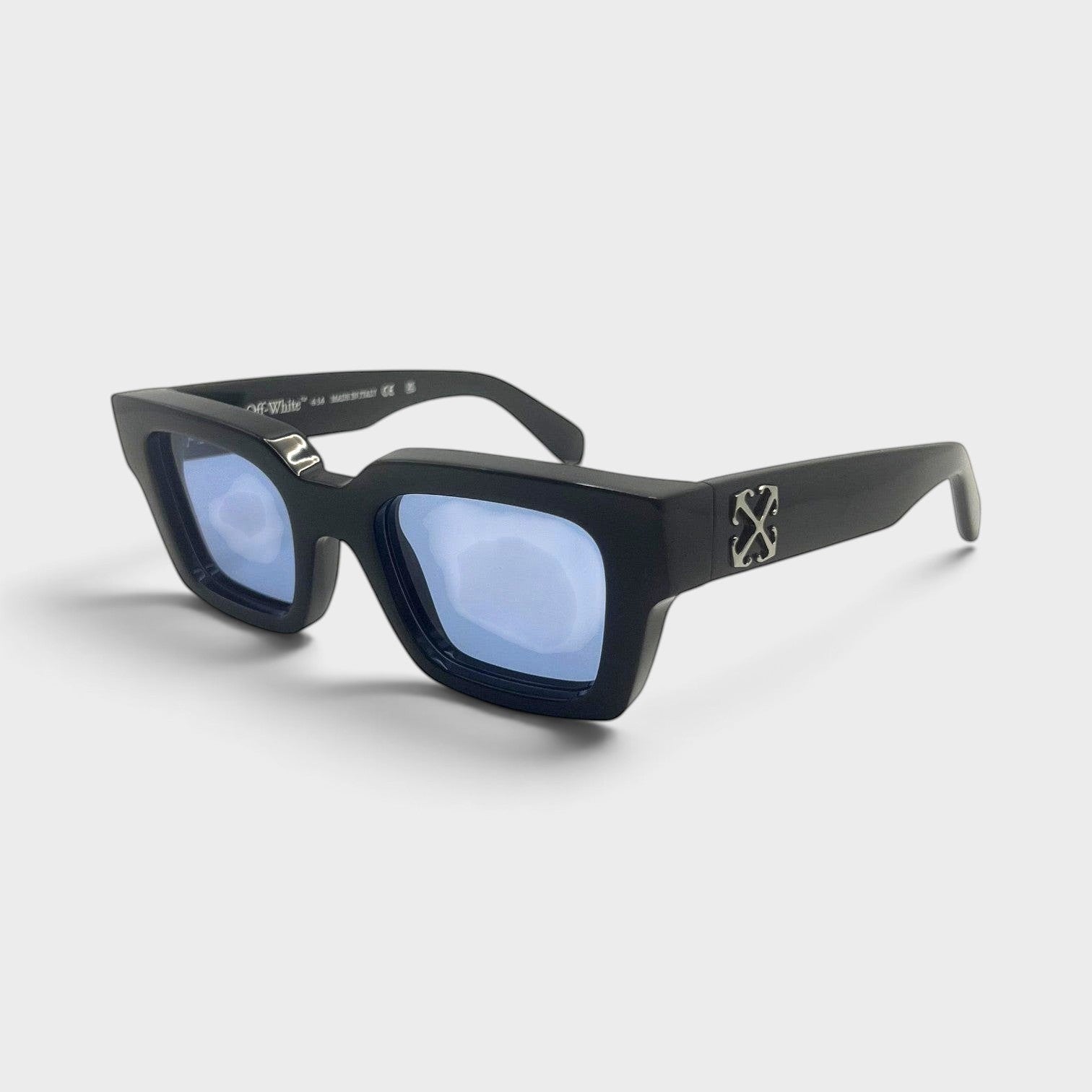Supplied Fashion Virgil Arrows black acetate square sunglasses with blue tinted lenses and silver side logo detail