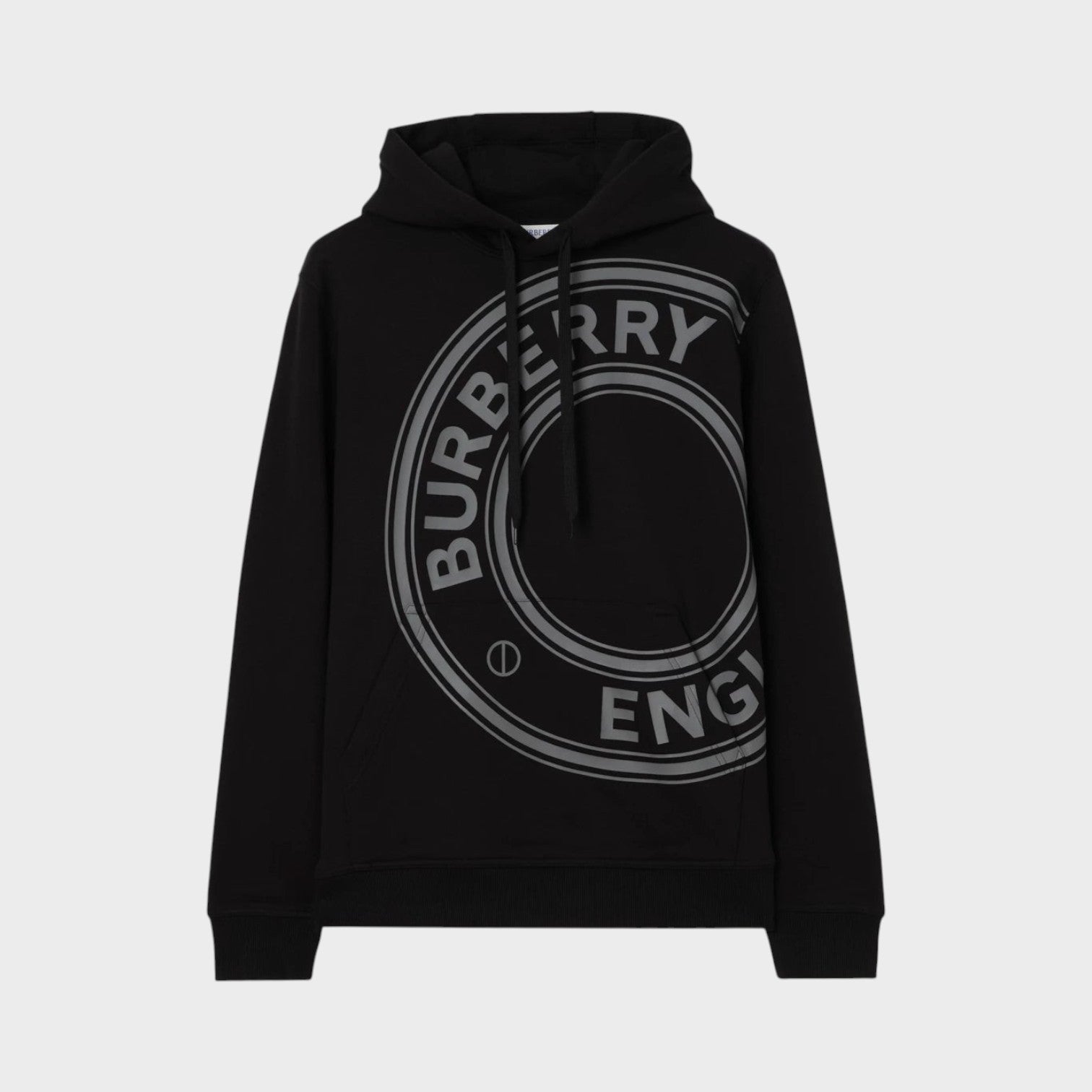 Supplied Fashion black Burberry Farley hoodie featuring a large circular logo print on the front with a drawstring hood
