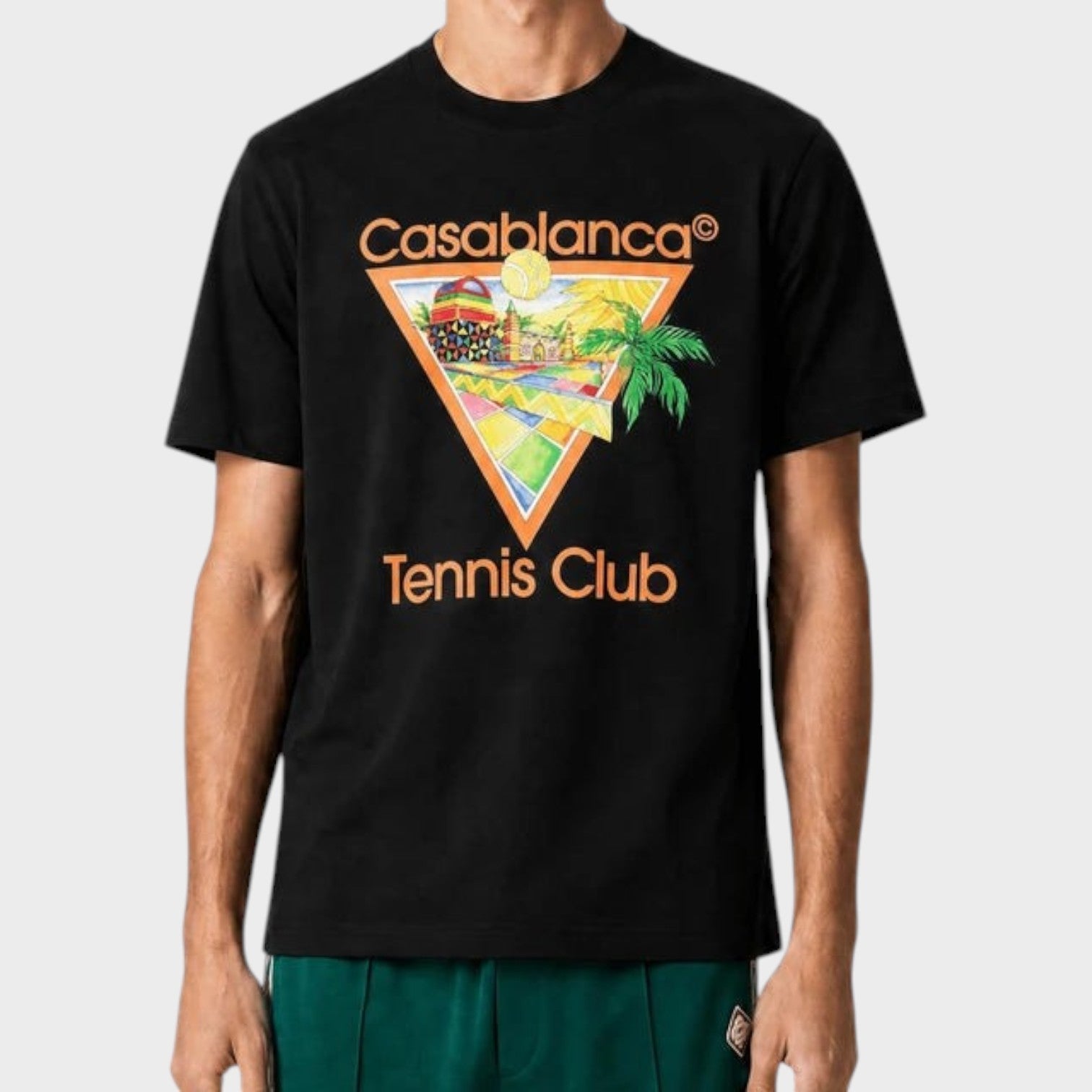 Supplied Fashion black cotton short sleeve t-shirt featuring a colourful Casablanca Afro Cubism tennis club graphic.
