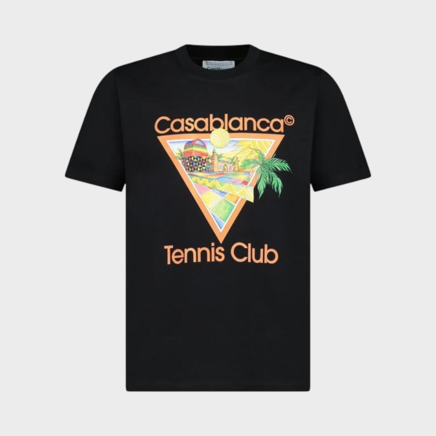 Supplied Fashion black cotton short sleeve t-shirt featuring a colourful Casablanca Afro Cubism tennis club graphic.
