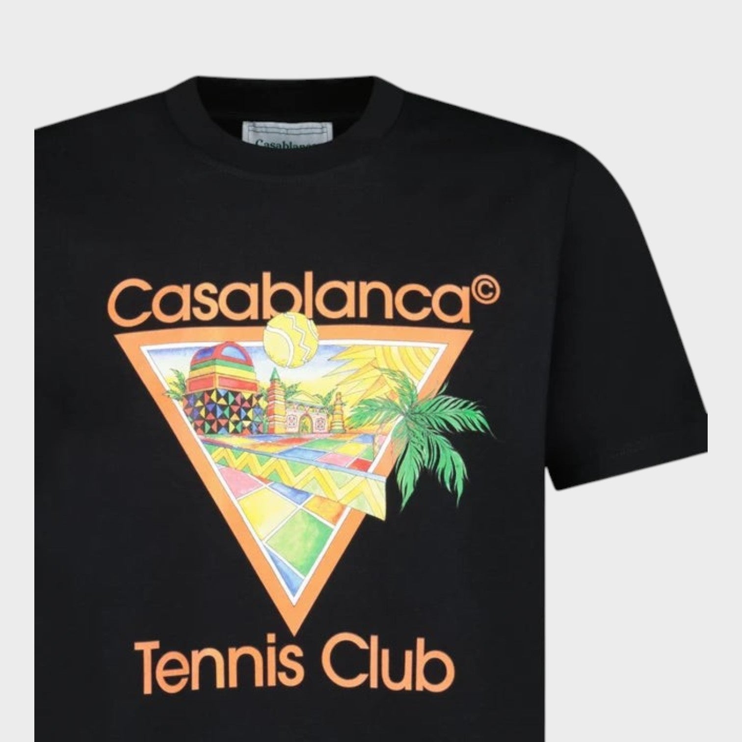 Supplied Fashion black cotton short sleeve t-shirt featuring a colourful Casablanca Afro Cubism tennis club graphic.