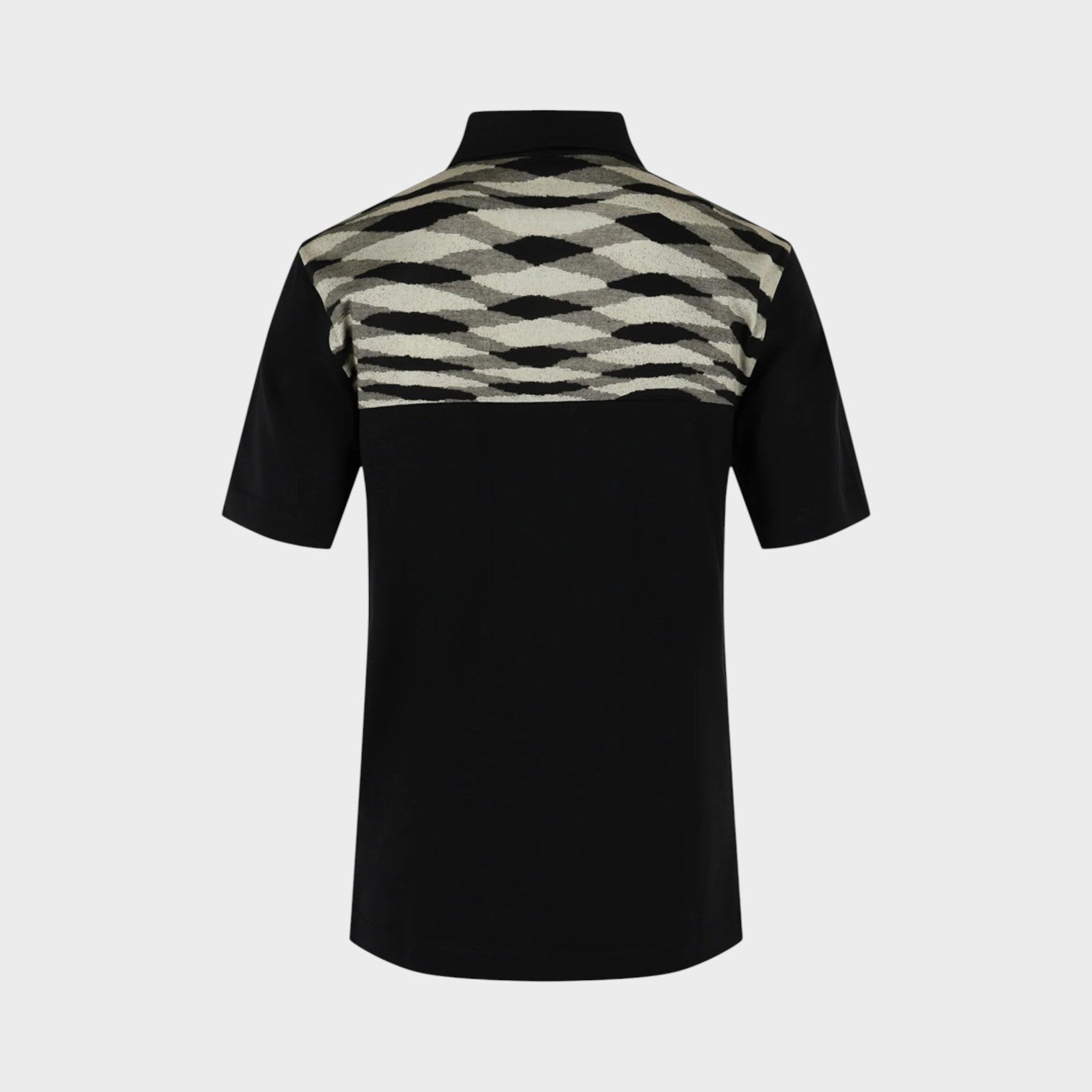 Back view of a black Supplied Fashion polo shirt with a grey and white geometric pattern across the upper back