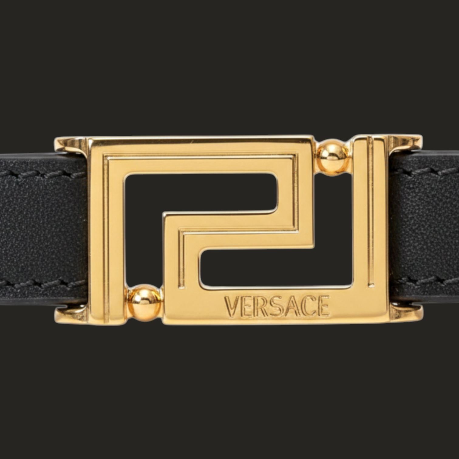 Supplied Fashion black calf leather wallet featuring a gold-tone metal Greca logo buckle detail