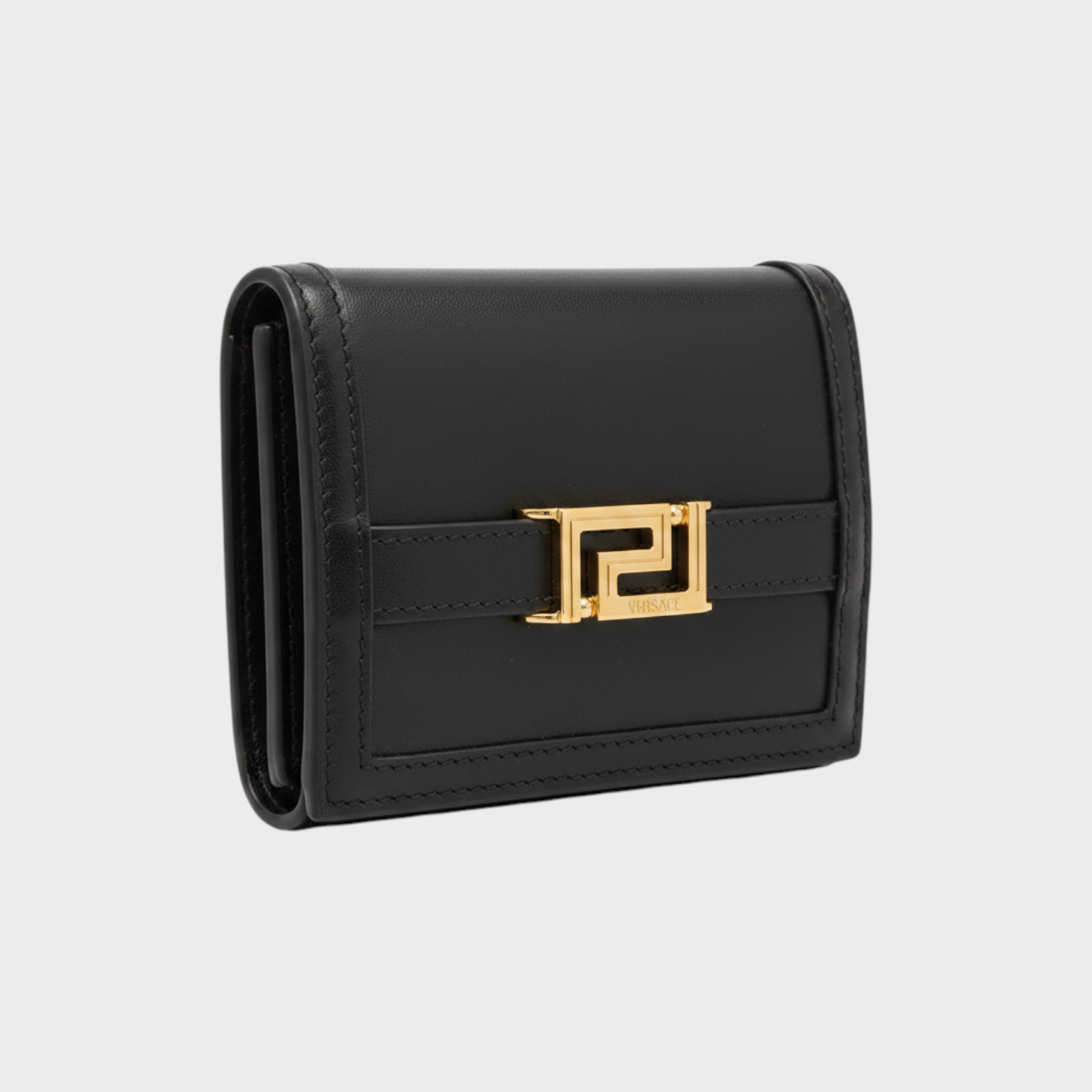 Supplied Fashion black calf leather bifold wallet featuring a gold-tone Greca motif hardware detail.