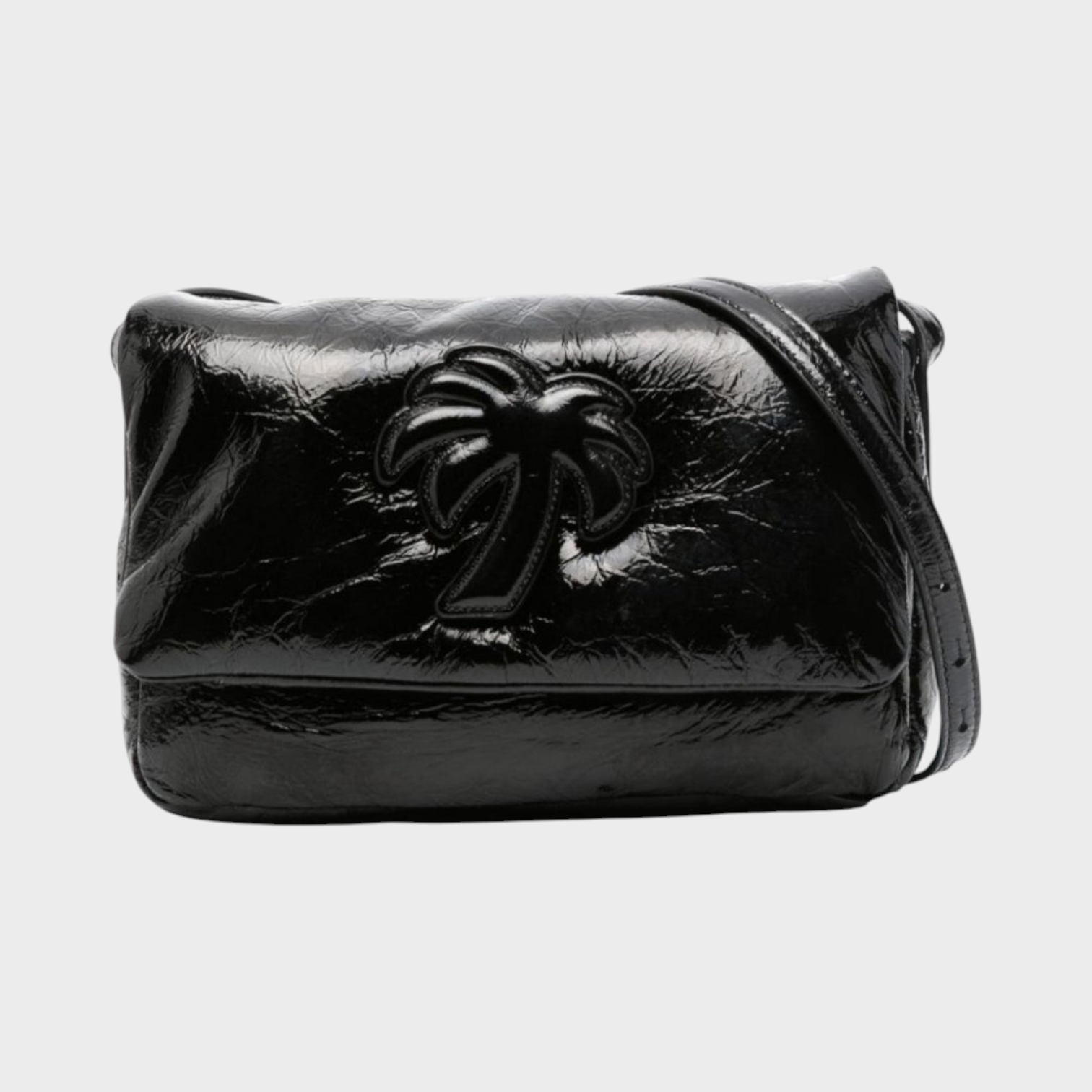 Supplied Fashion black leather Palm Angels shoulder bag with embossed palm tree logo and soft crinkled texture