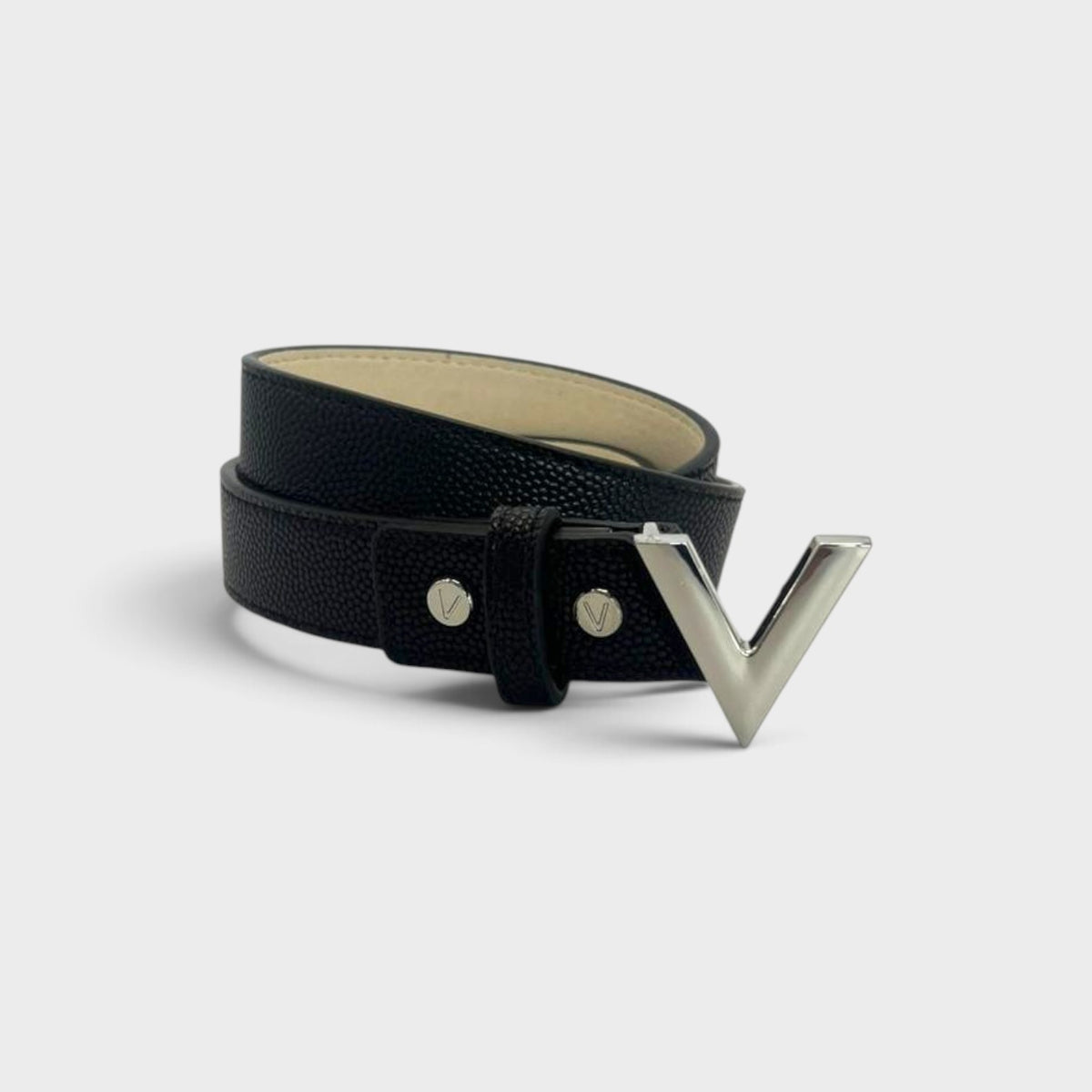 Supplied Fashion Mario Valentino Divina black textured leather belt with silver V logo buckle