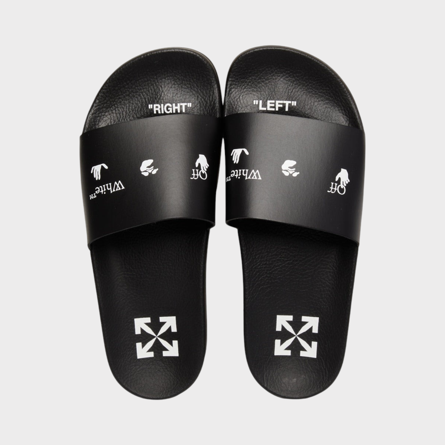 Supplied Fashion black unisex slides with white Swimming Man logo and Right Left text on the straps