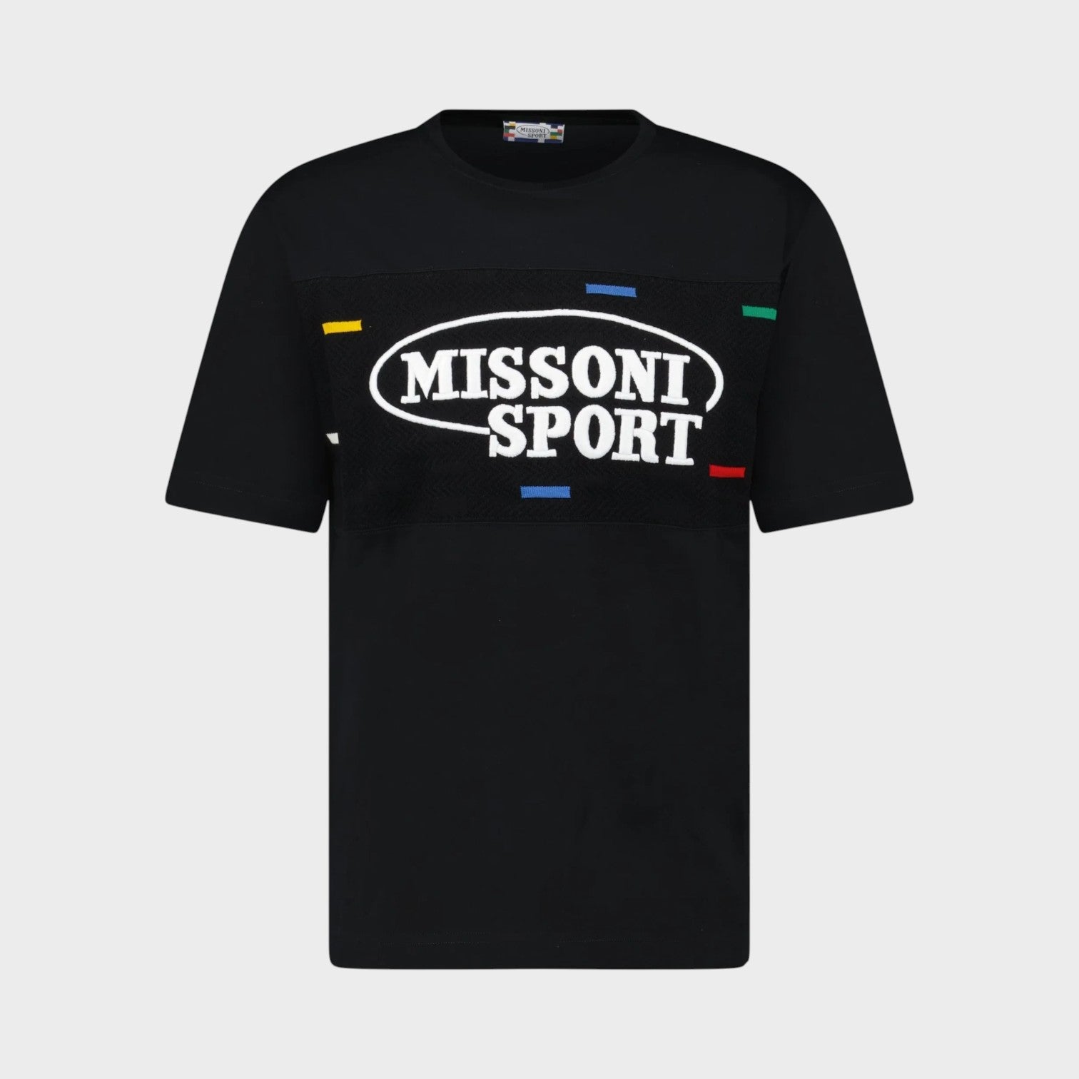 Supplied Fashion black Missoni Sport logo t-shirt with a textured chest panel and colourful accent dashes.
