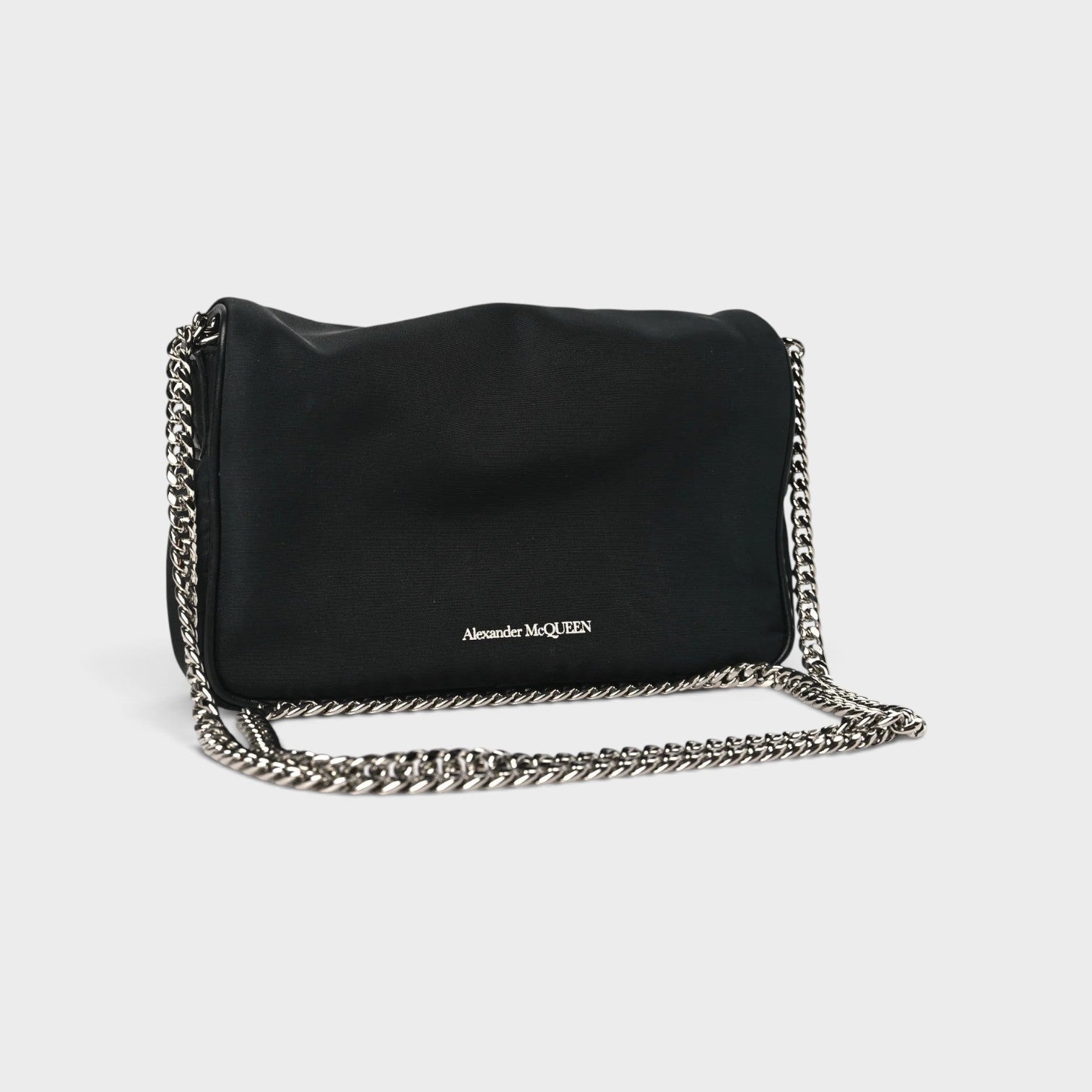 Supplied Fashion Alexander McQueen black nylon crossbody bag with silver chain strap and logo detail