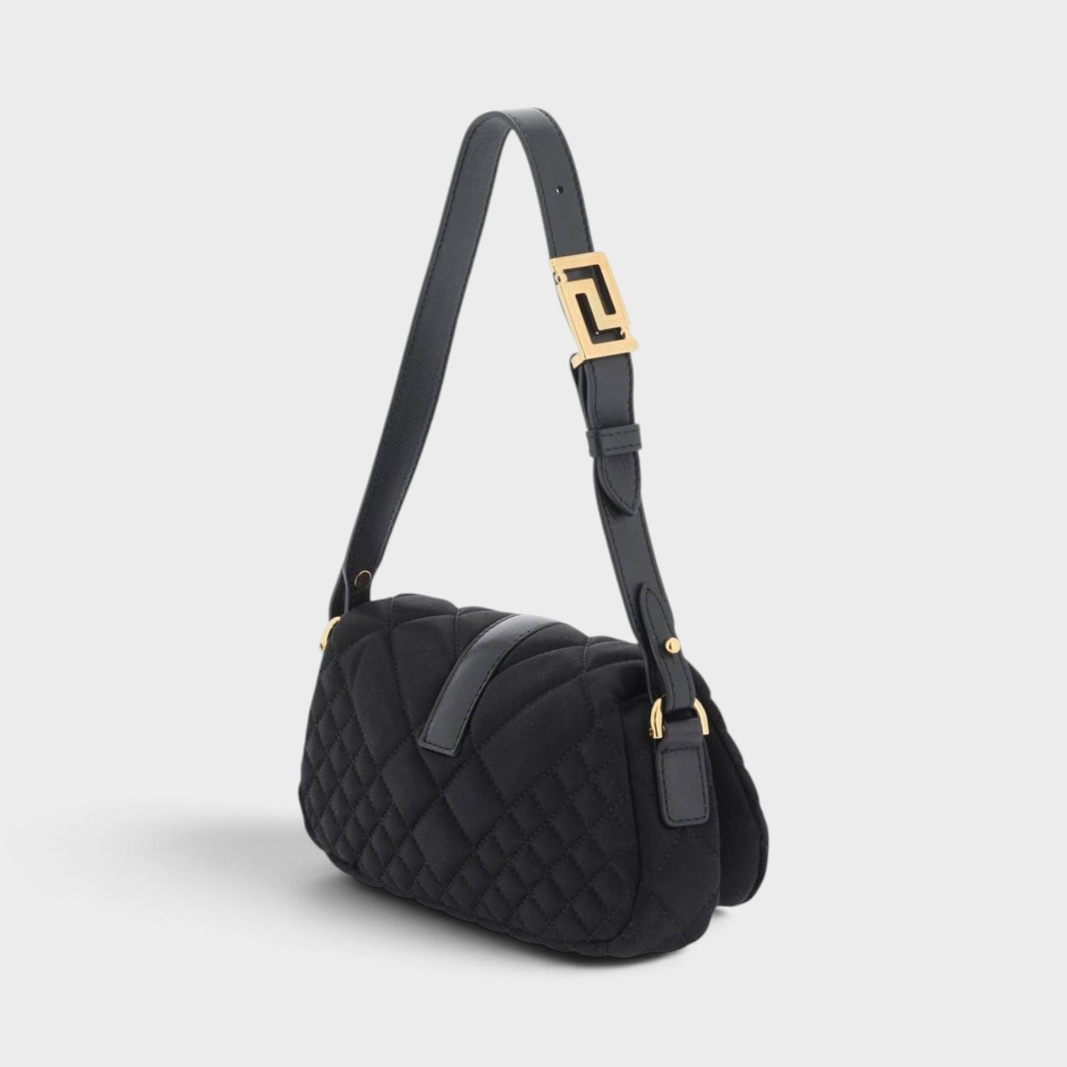 Supplied Fashion black quilted leather shoulder bag with gold Greca motif hardware and adjustable strap