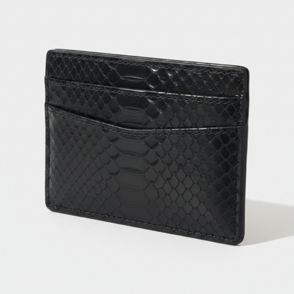 Supplied Fashion Versace black snakeskin leather cardholder with iconic Medusa head detail and multiple card slots.
