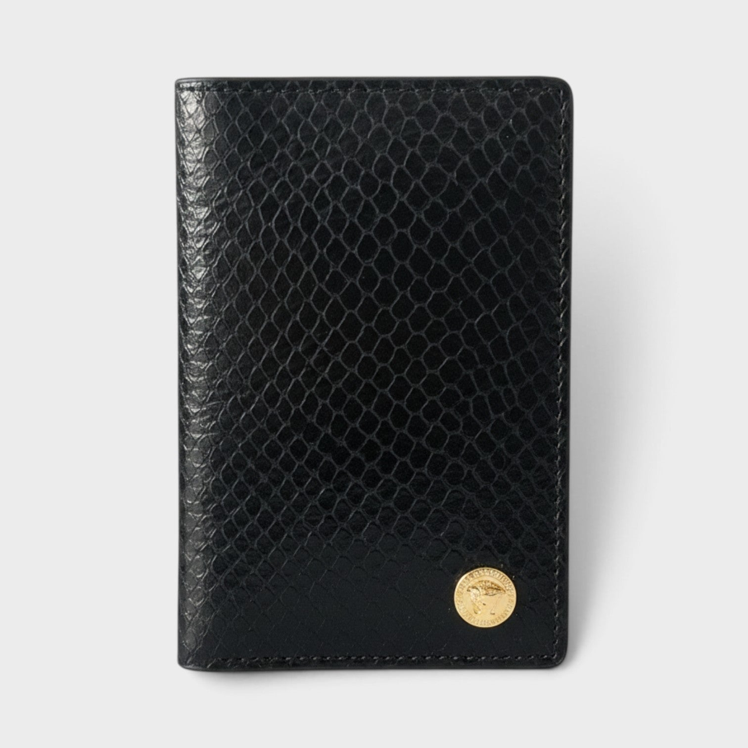 Supplied Fashion black snakeskin-embossed leather card case with a gold Medusa logo emblem