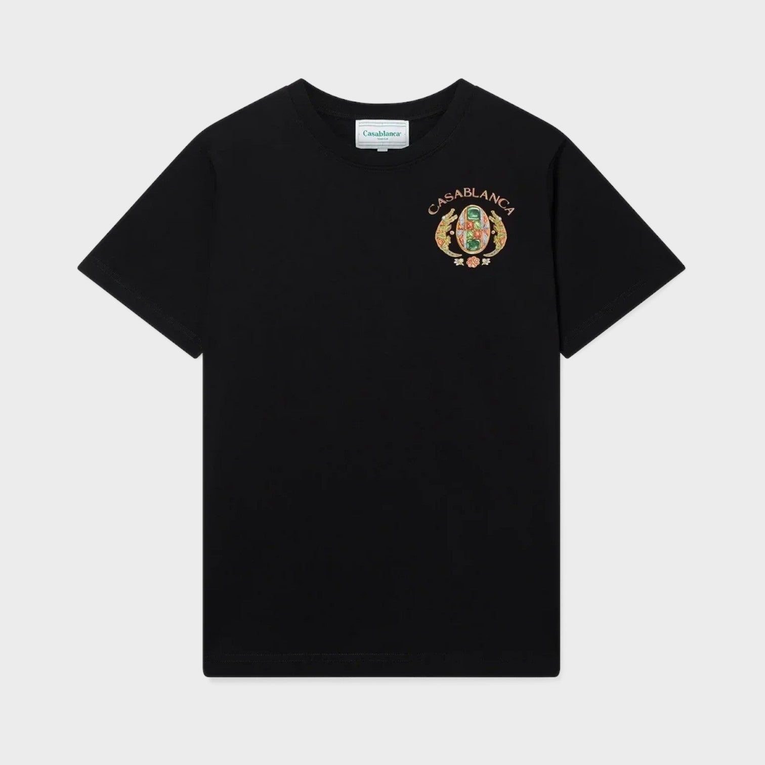 Supplied Fashion black short sleeve t-shirt featuring a colourful embroidered tennis club logo on the chest.