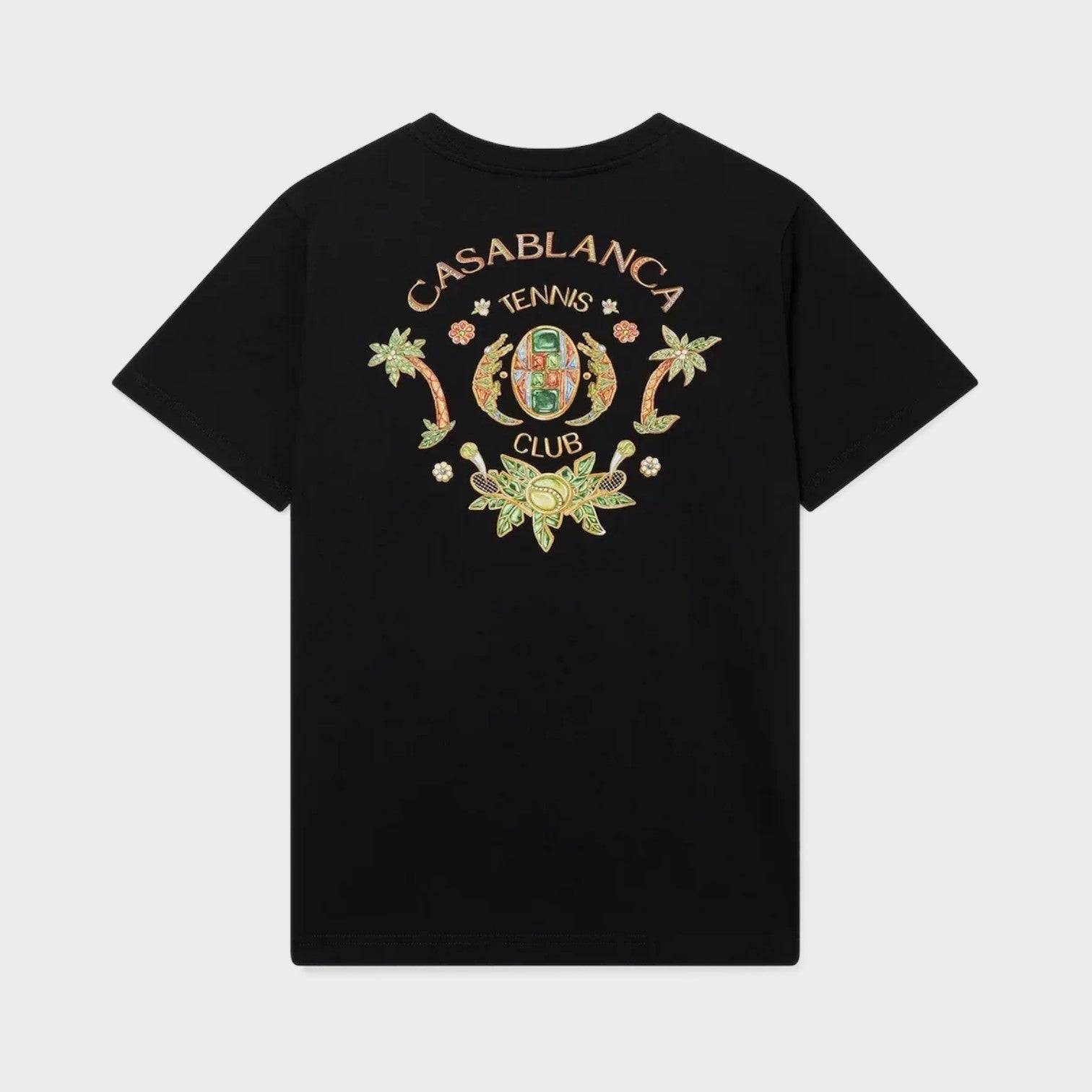 Supplied Fashion black short sleeve t-shirt featuring a colourful Casablanca Tennis Club graphic on the back