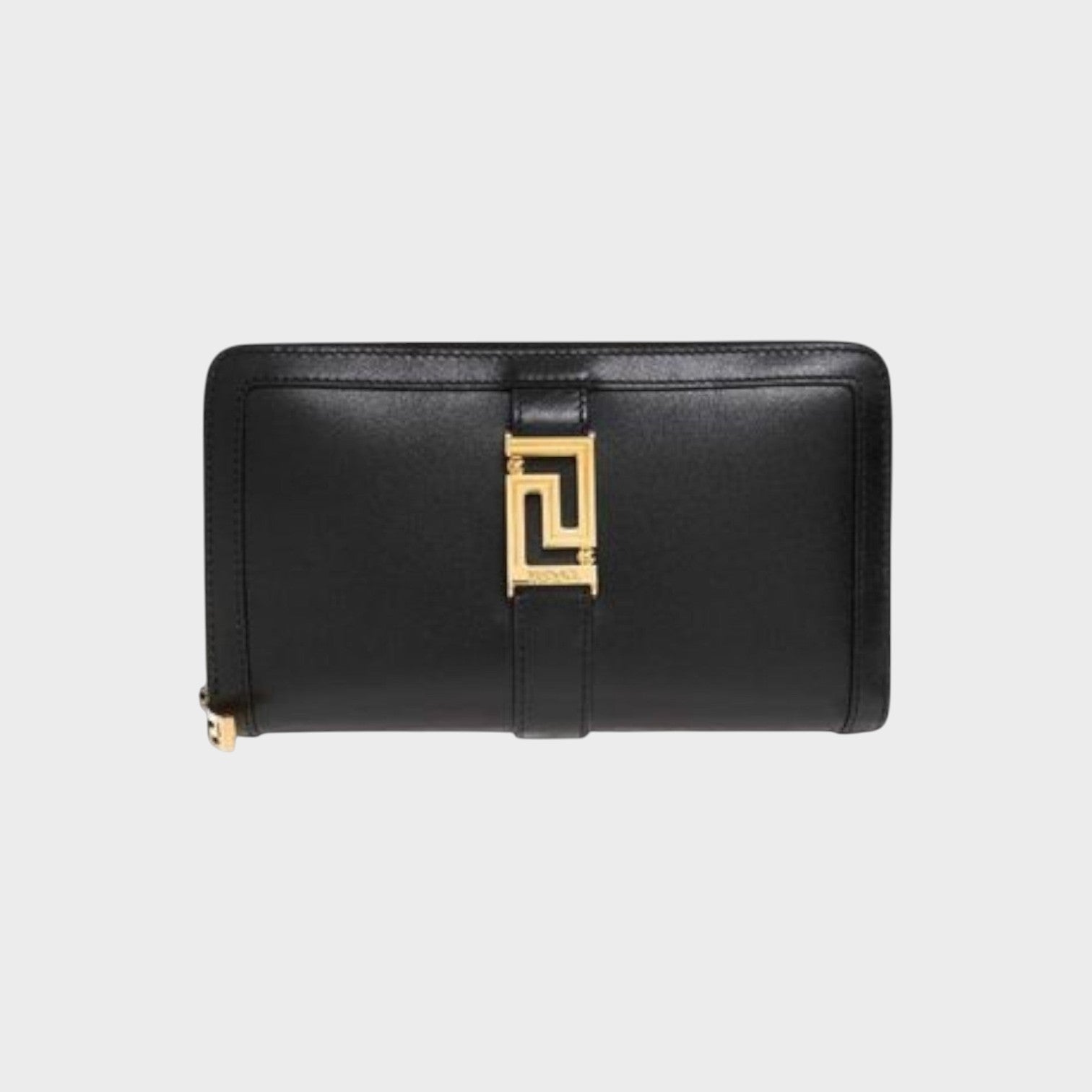 Supplied Fashion black Versace wallet with gold logo hardware and secure zip closure