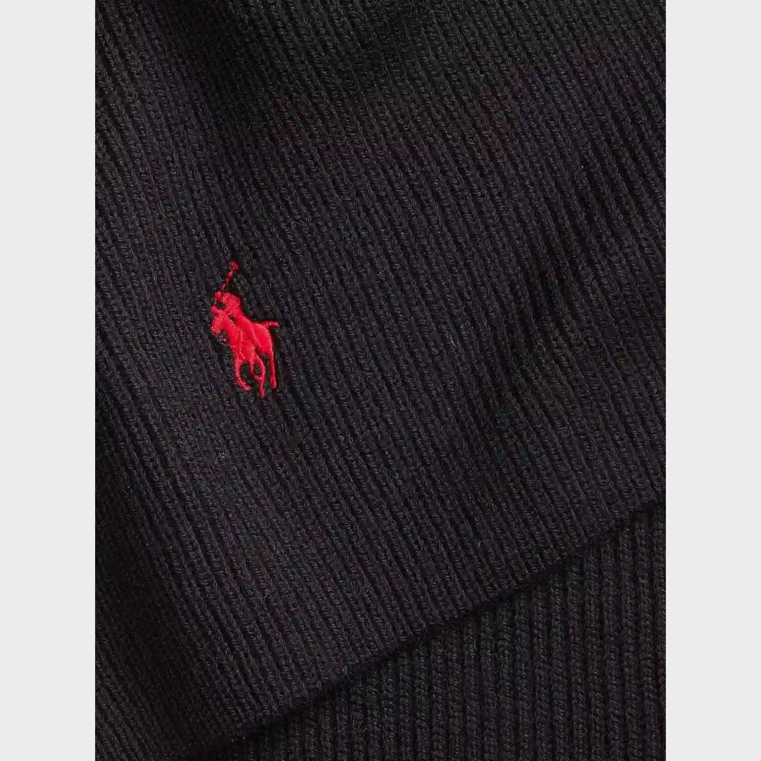 Supplied Fashion black wool scarf featuring a detailed red embroidered signature pony logo on ribbed fabric.