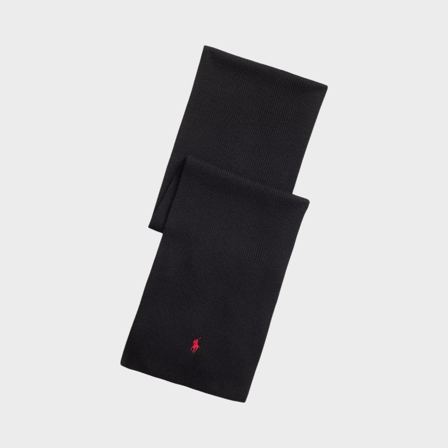 Supplied Fashion black wool scarf featuring a small red embroidered pony logo, perfect for winter layering.