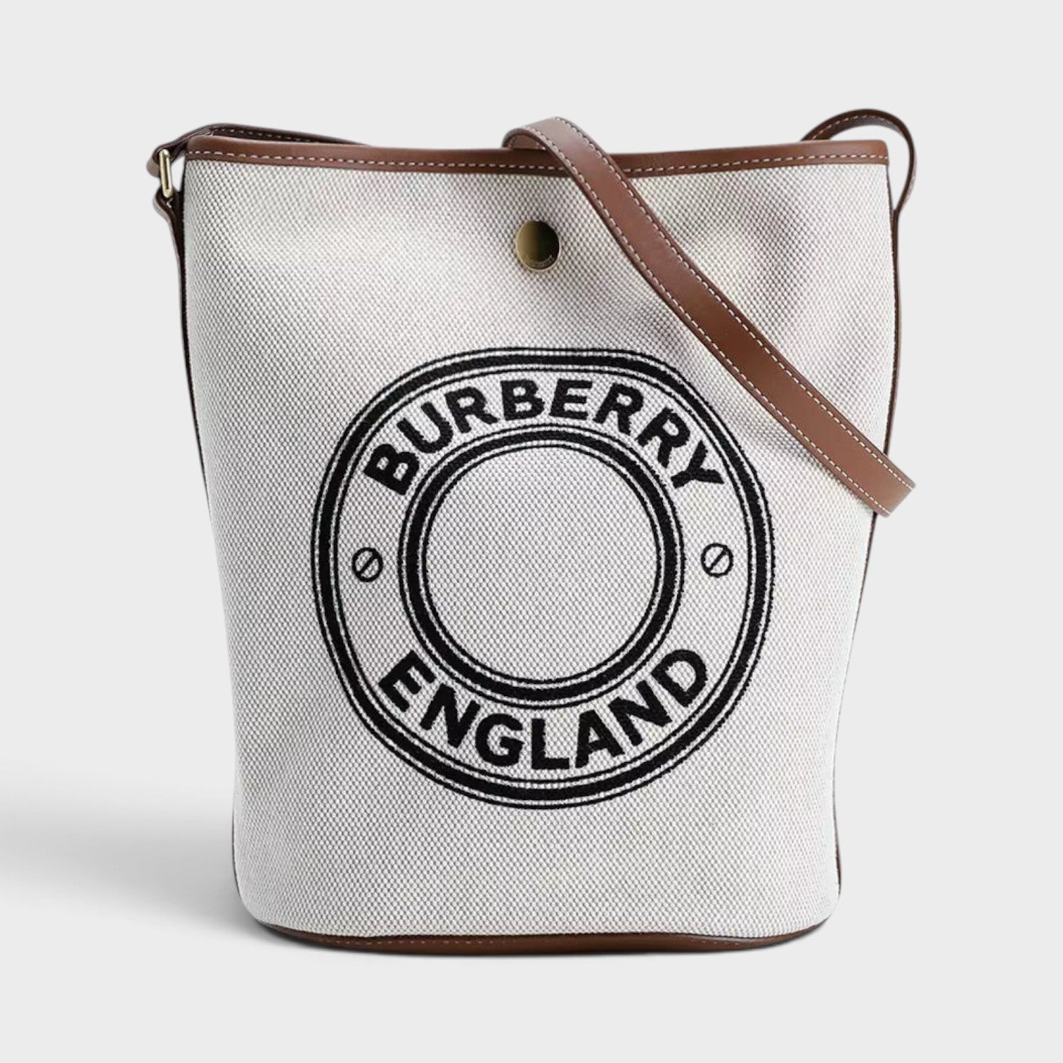Supplied Fashion Burberry Roundel medium bucket bag in dark wheat beige canvas with brown leather trim and logo print