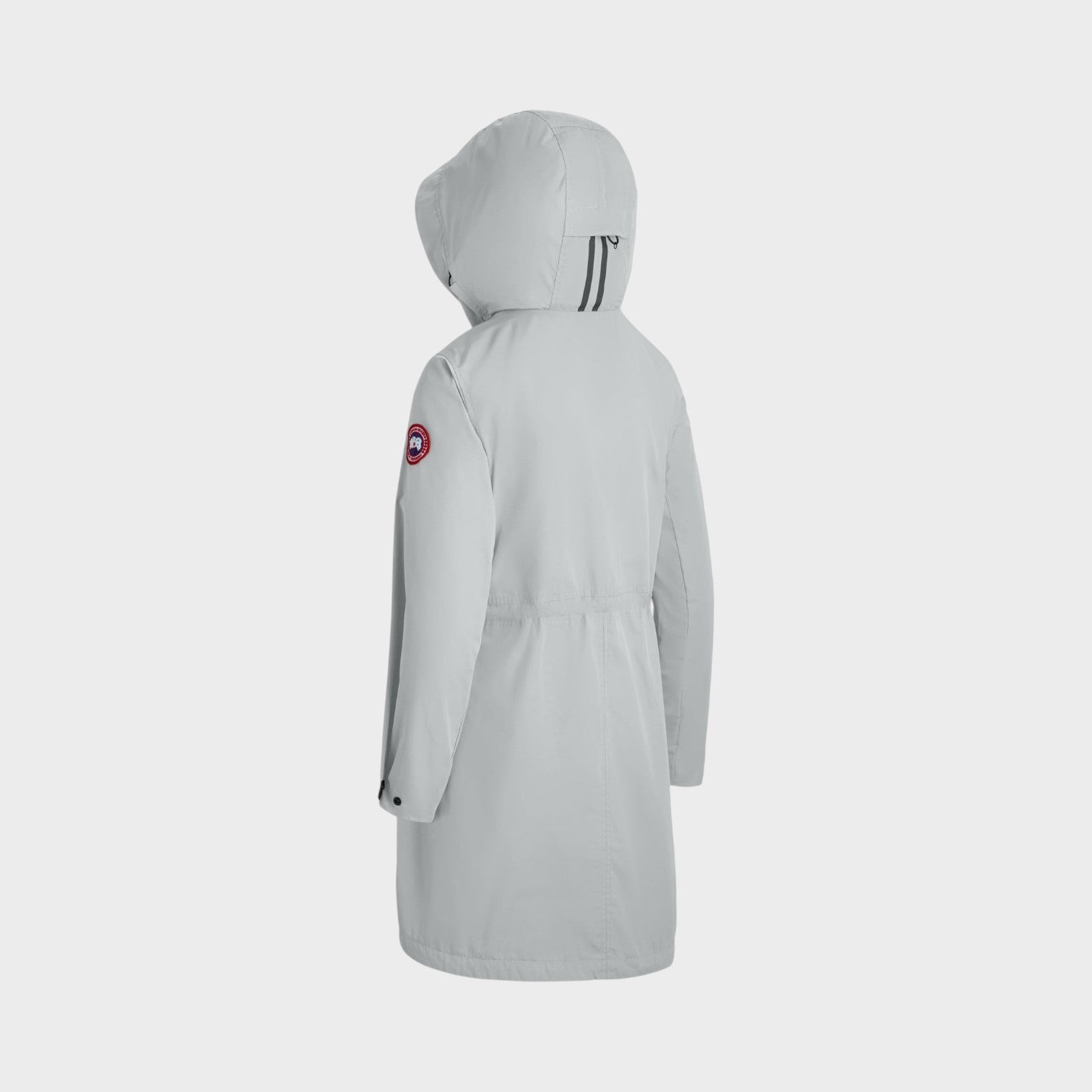 Supplied Fashion Canada Goose Belcarra jacket in silverbirch grey, featuring a hooded design and rear view.