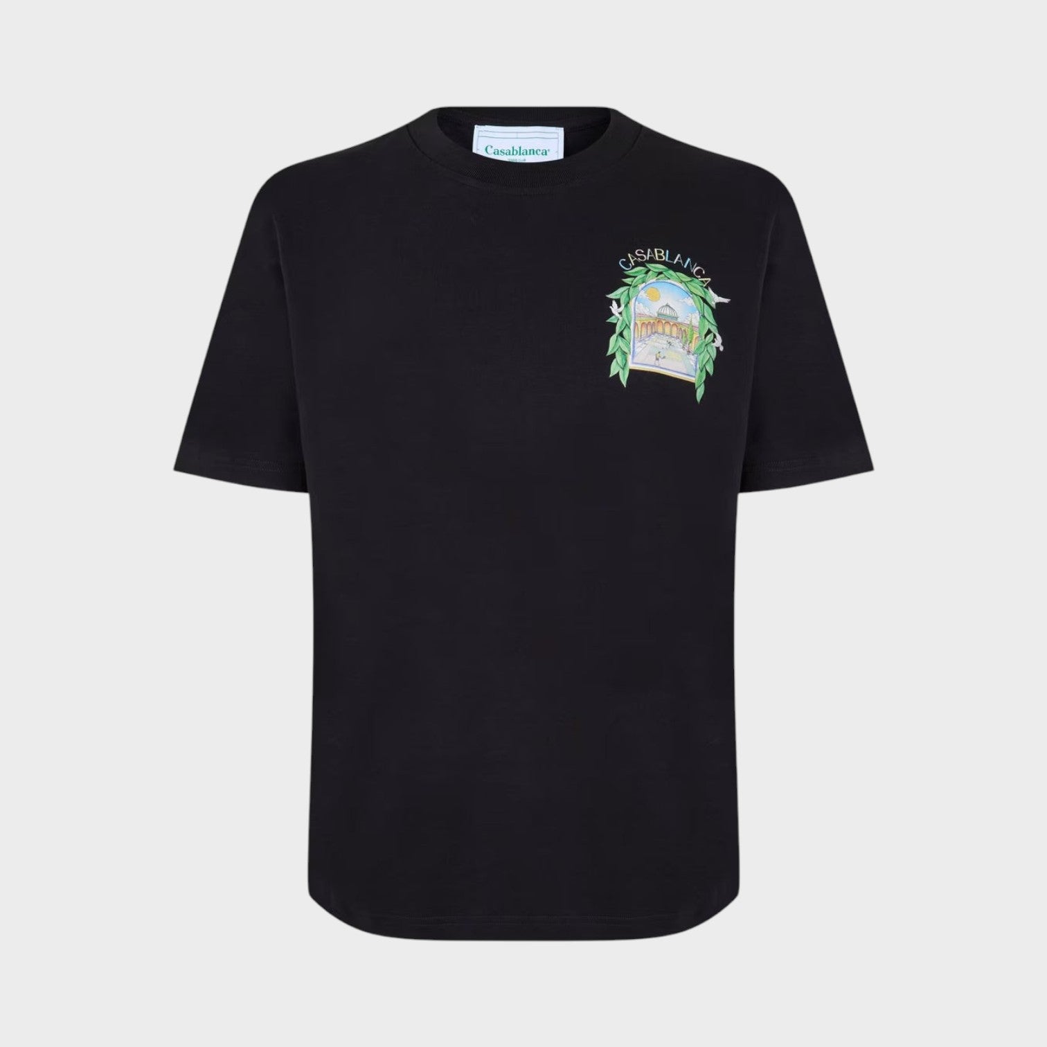 Supplied Fashion CASABLANCA black short sleeve t-shirt featuring a tennis-inspired graphic print on the chest.