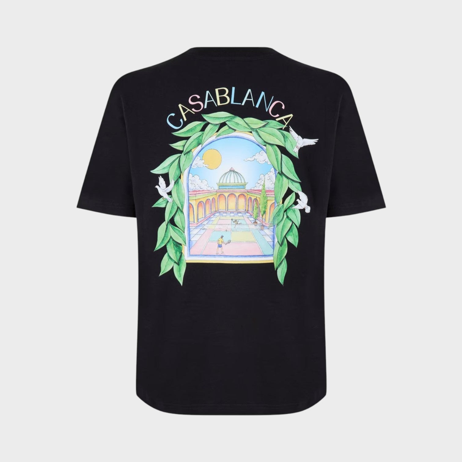 Supplied Fashion CASABLANCA black short sleeve t-shirt featuring a colourful tennis court graphic on the back