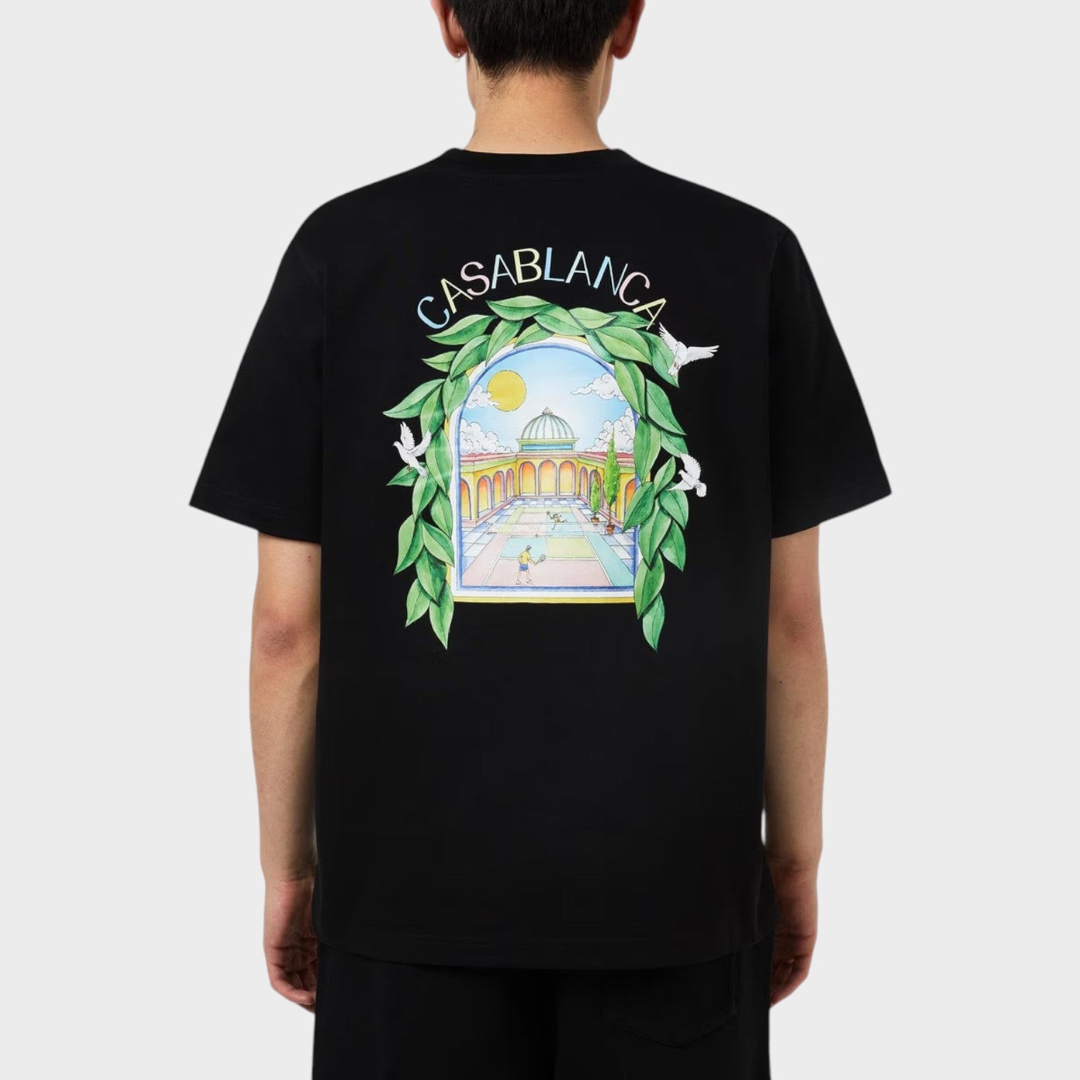 Supplied Fashion CASABLANCA black short sleeve t-shirt with tennis court graphic print on the back